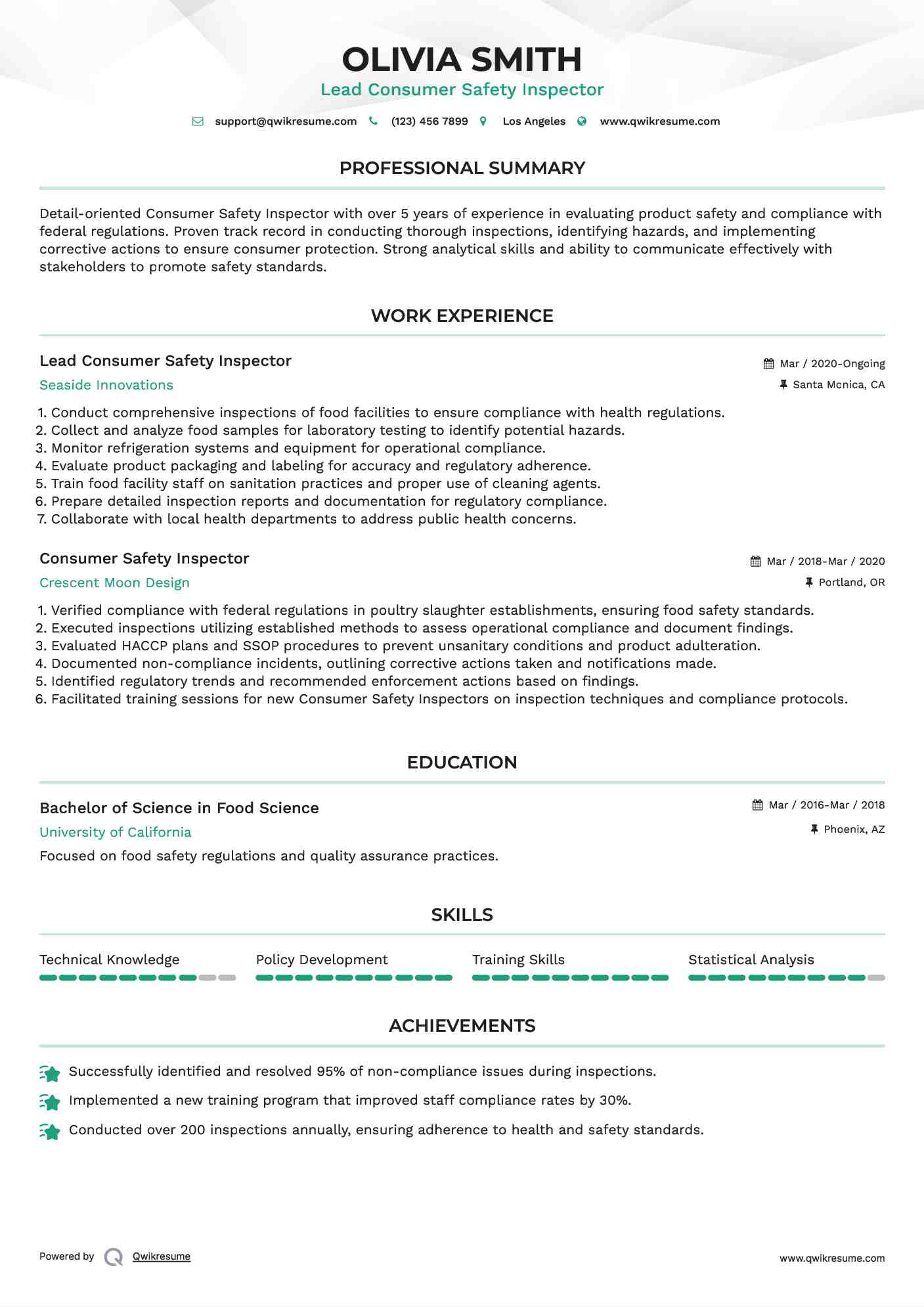 Lead Consumer Safety Inspector Resume Model