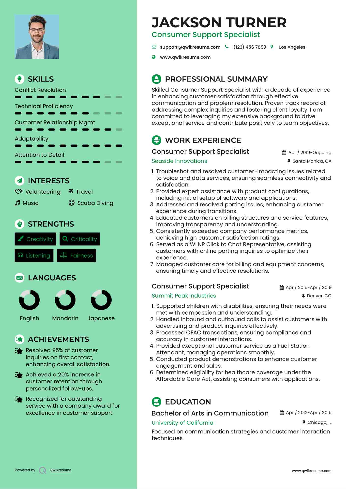 Consumer Support Specialist Resume Example