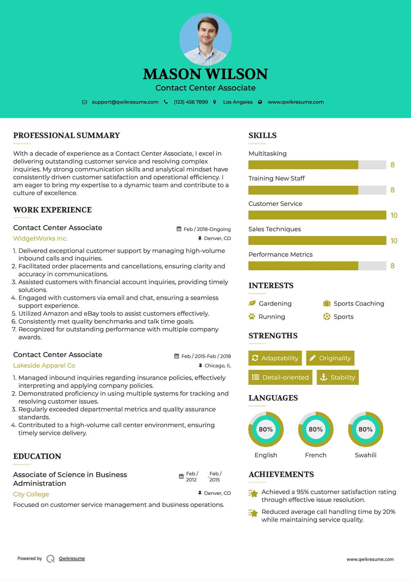 Contact Center Associate Resume Example