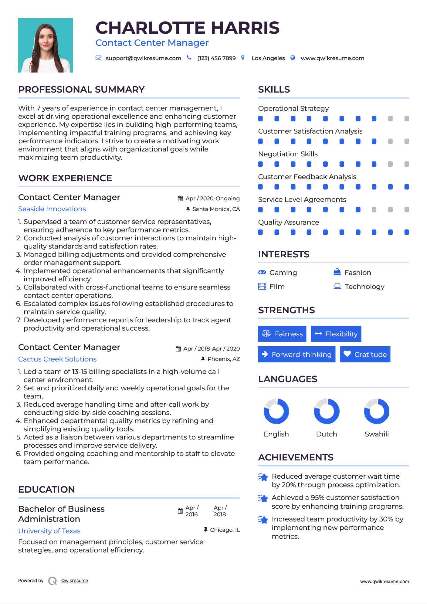 Contact Center Manager Resume Sample