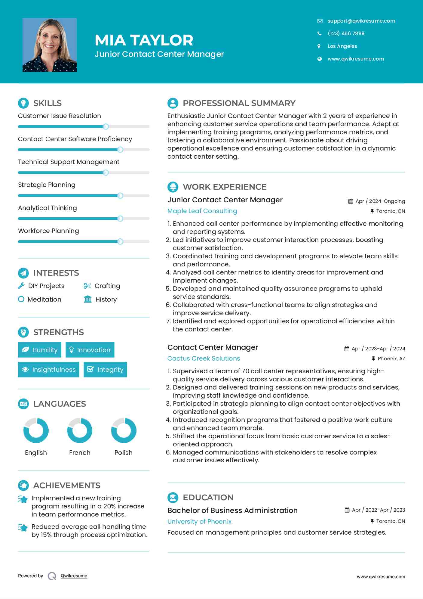 Junior Contact Center Manager Resume Template