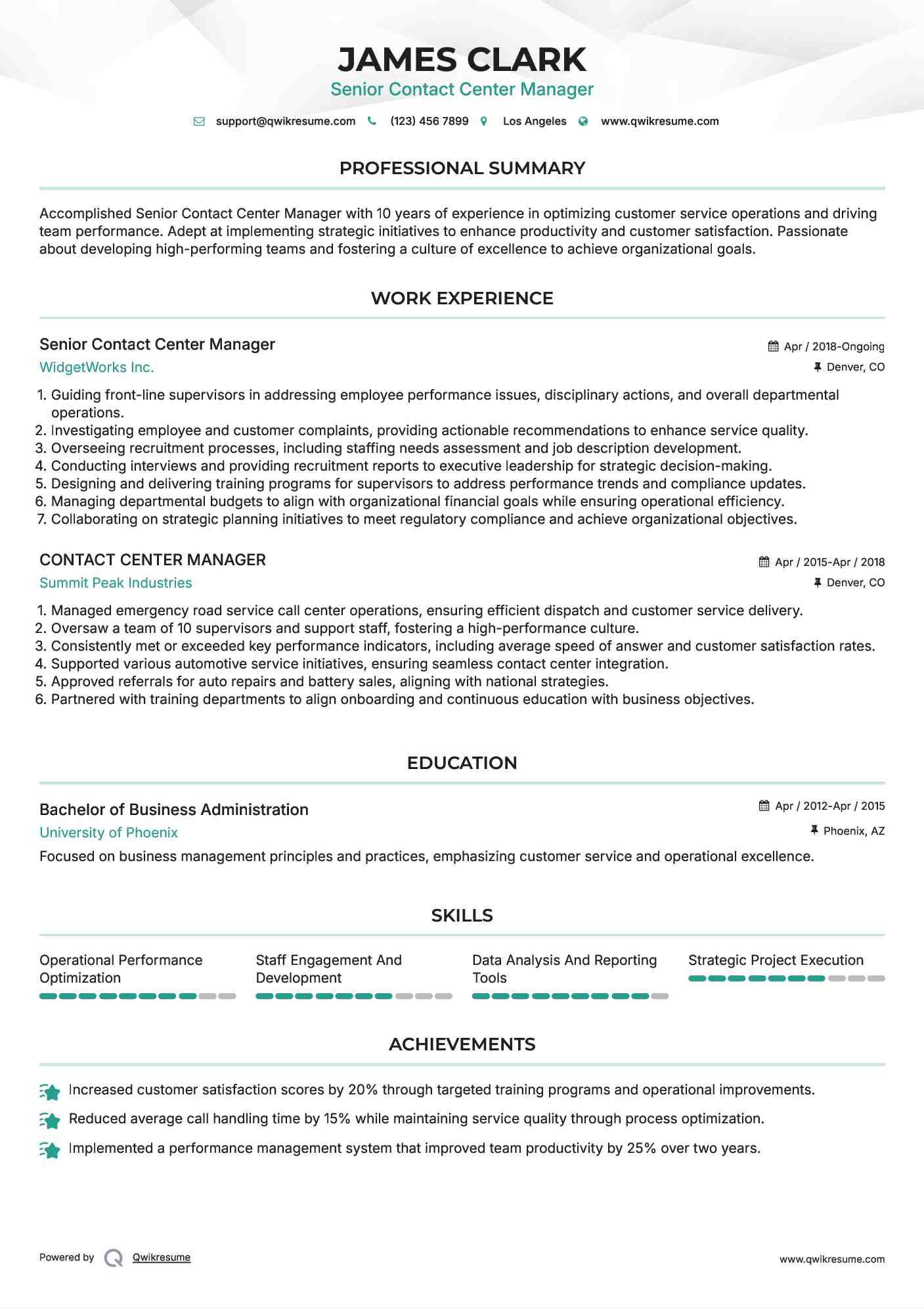 Senior Contact Center Manager Resume Format