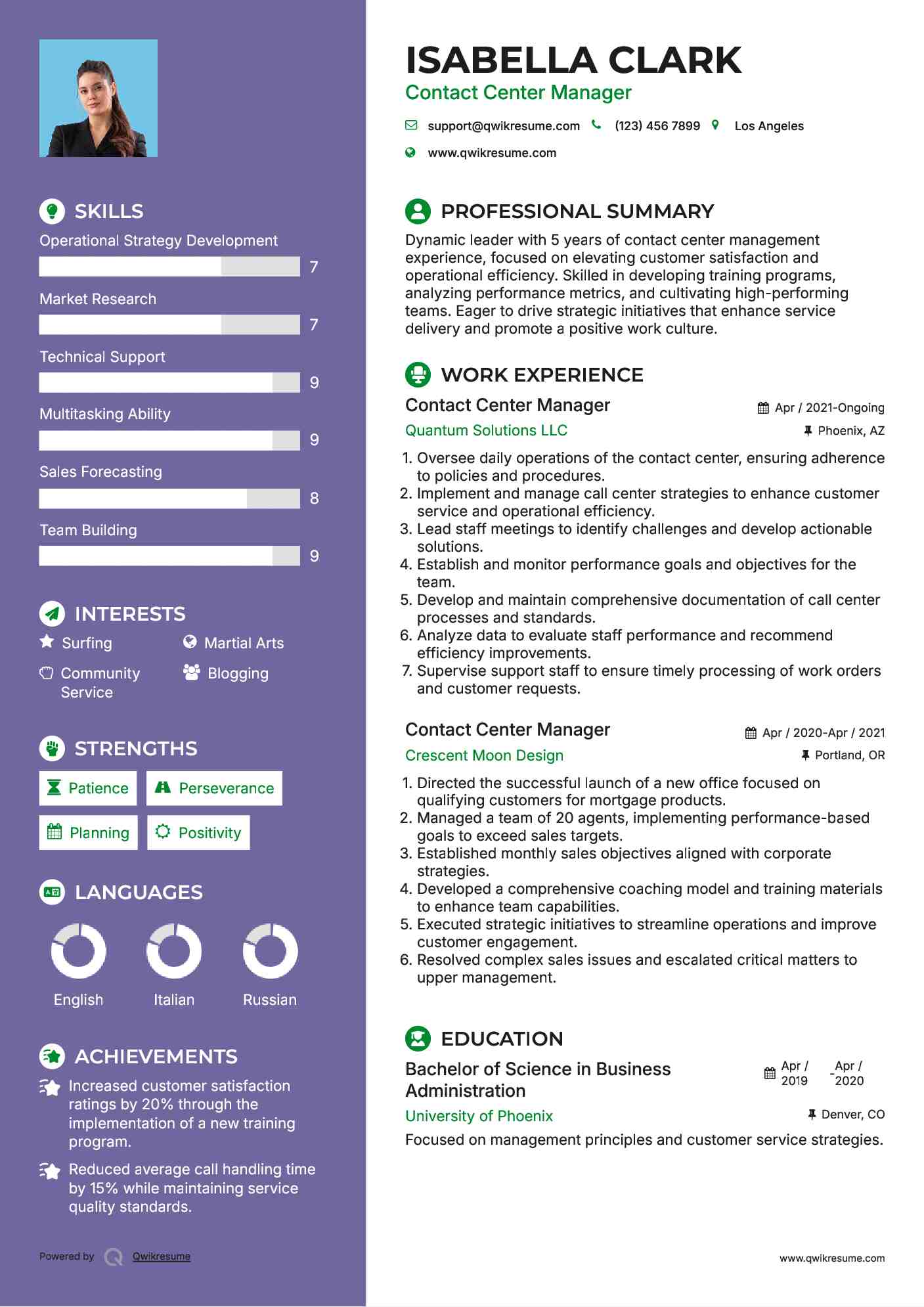 Contact Center Manager Resume Format