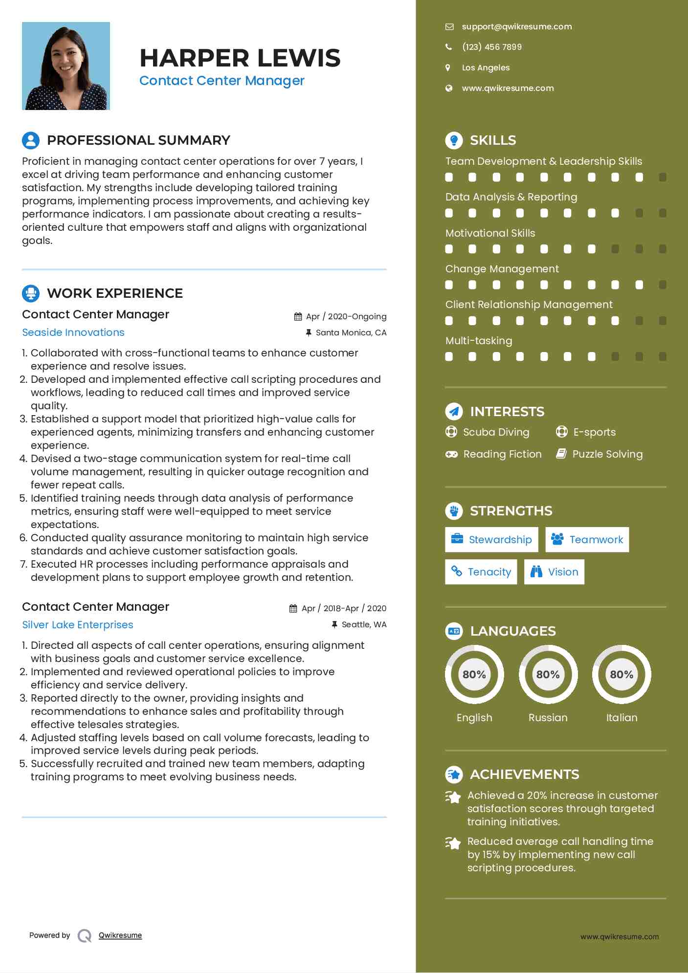 Contact Center Manager Resume Template