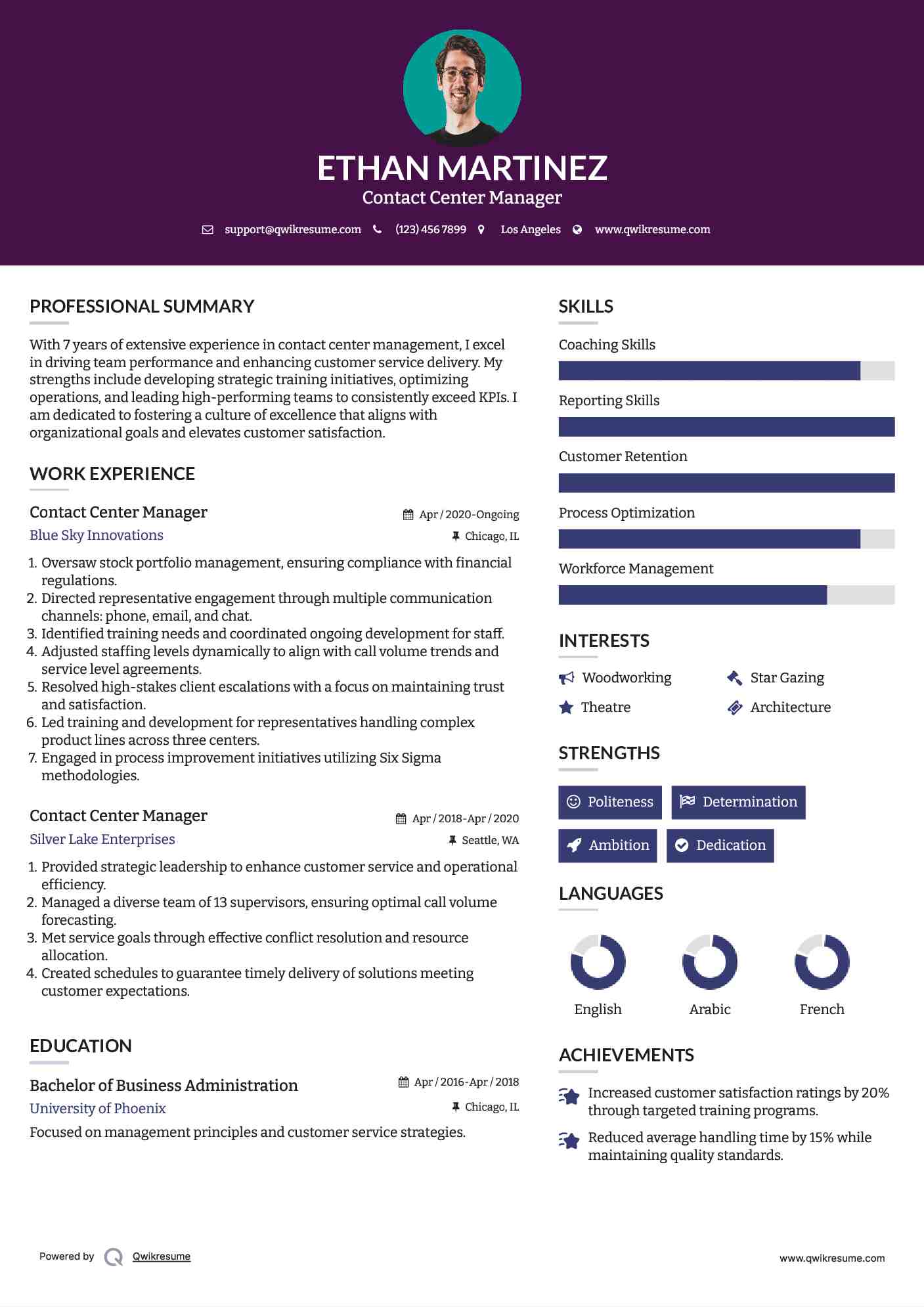 Contact Center Manager Resume Sample