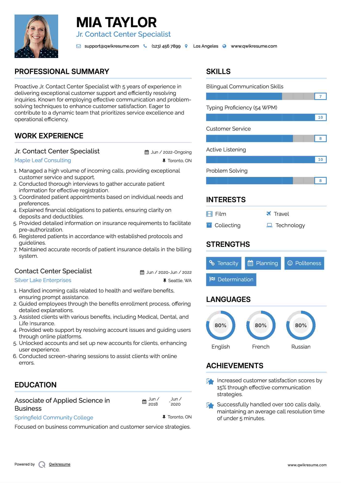 Jr. Contact Center Specialist Resume Template