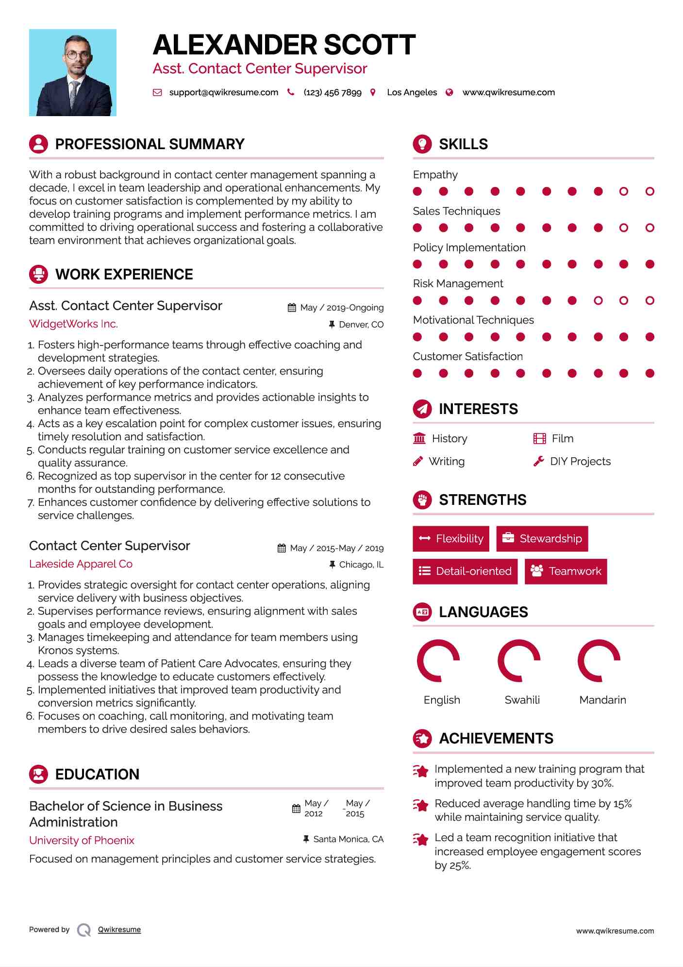 Asst. Contact Center Supervisor Resume Sample