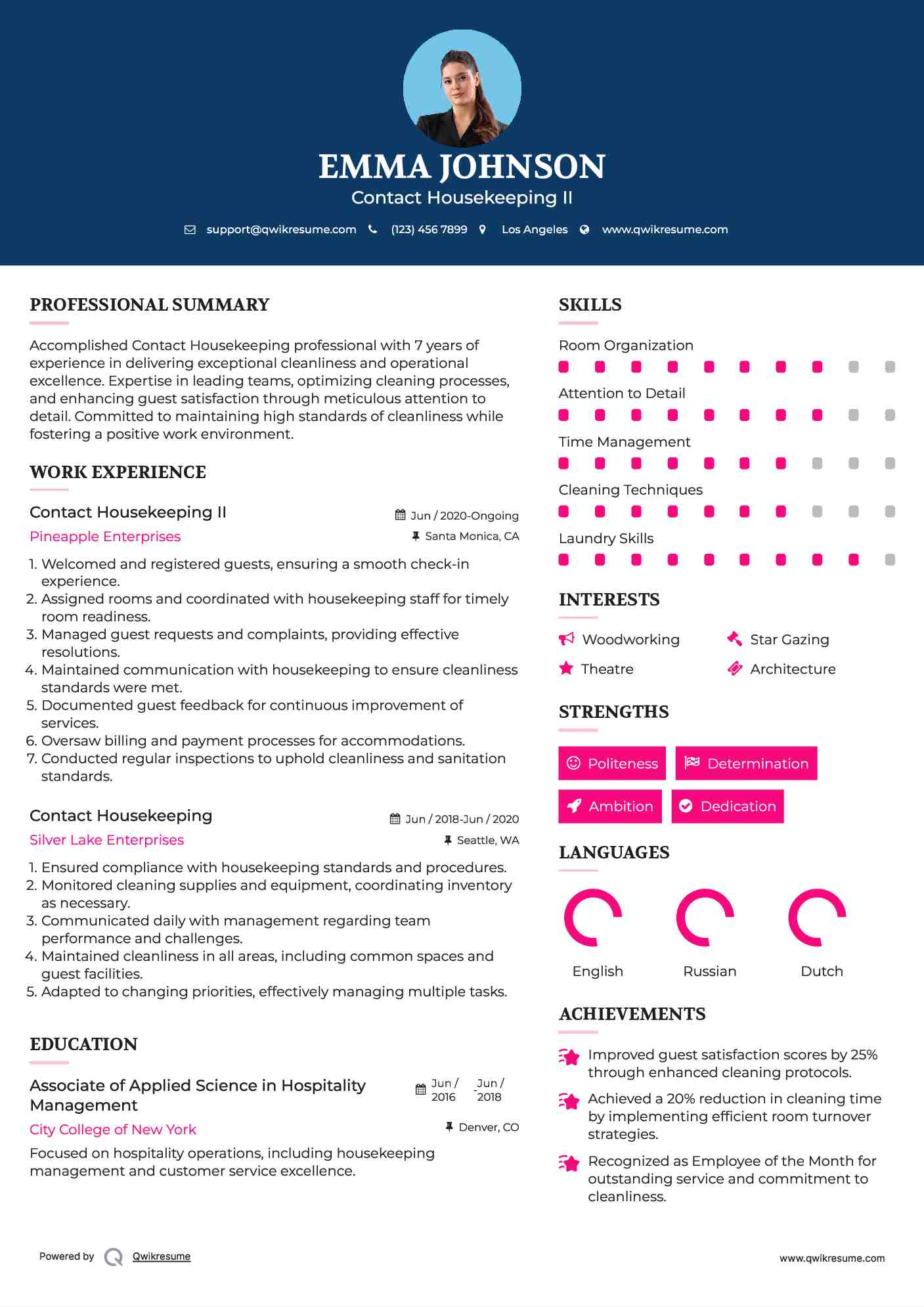 Contact Housekeeping II Resume Format