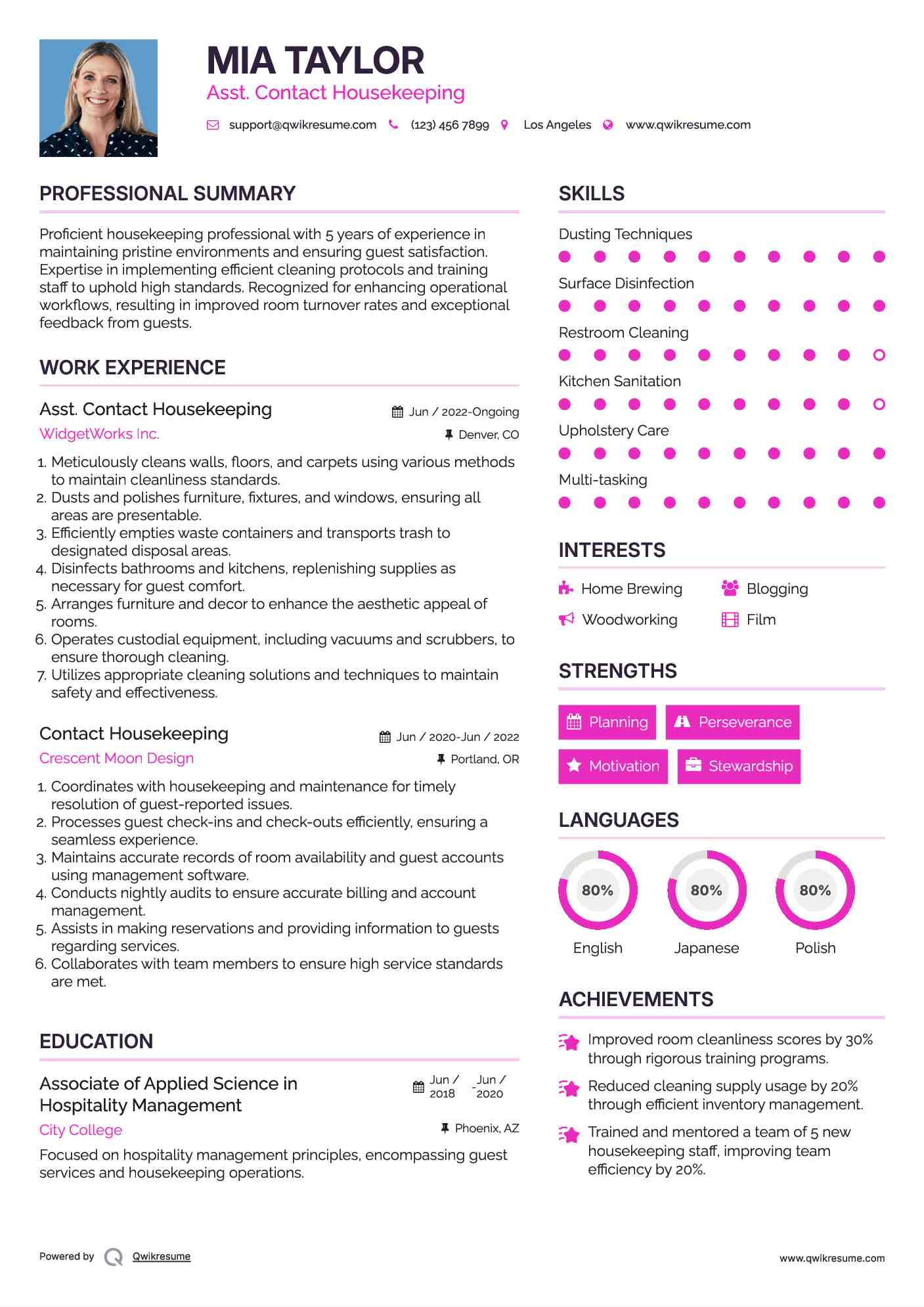 Asst. Contact Housekeeping Resume Template