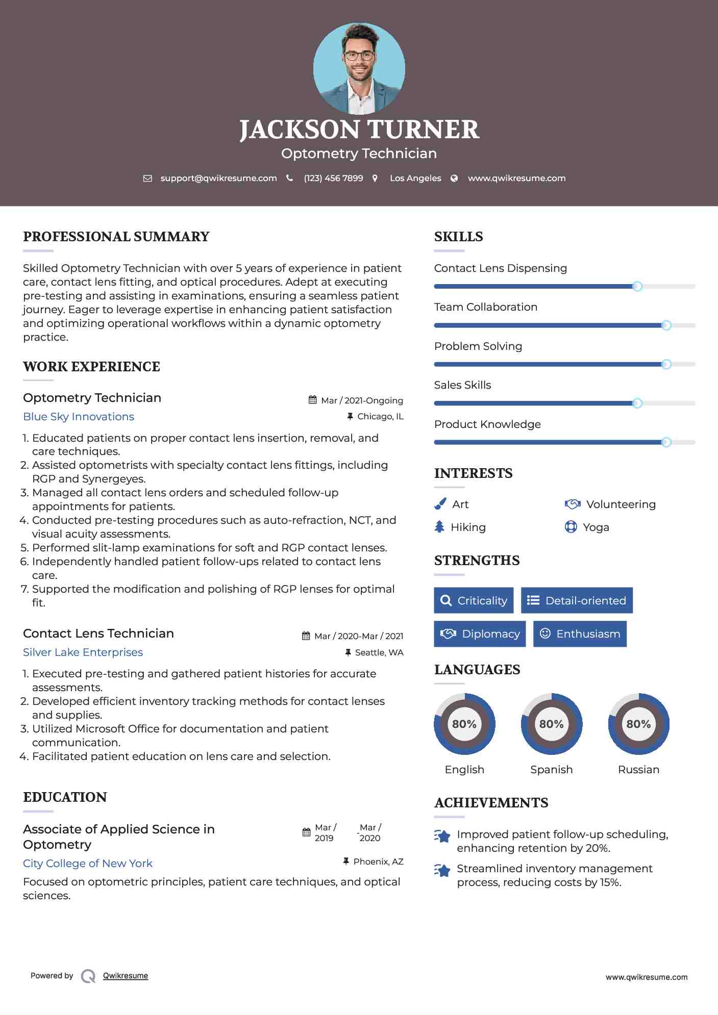 Optometry Technician Resume Example