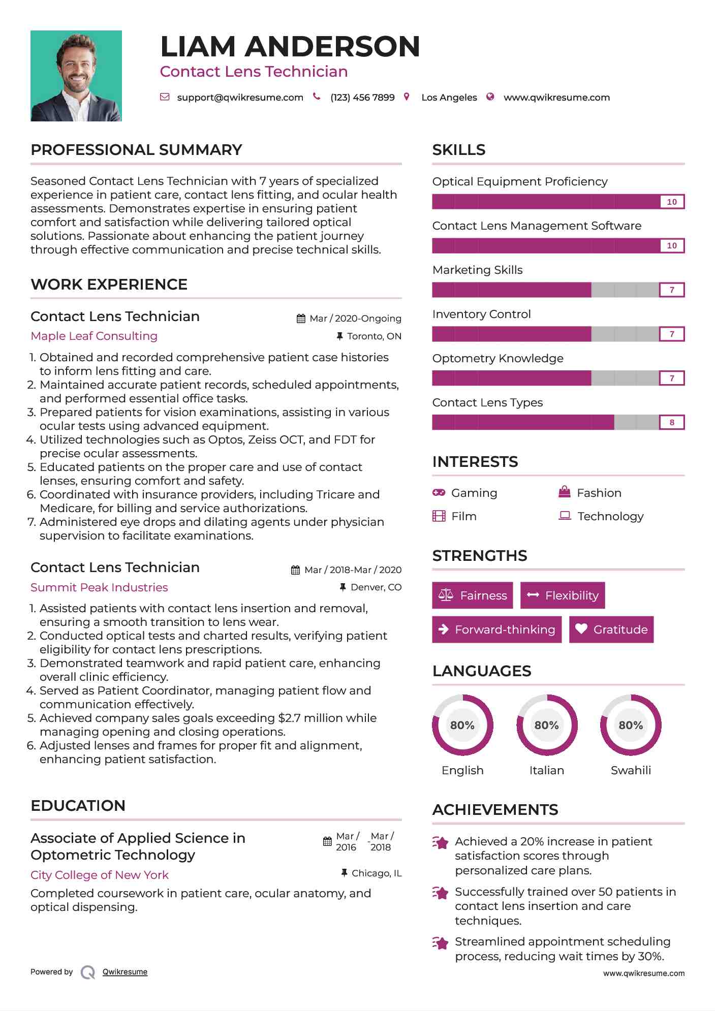 Contact Lens Technician Resume Sample