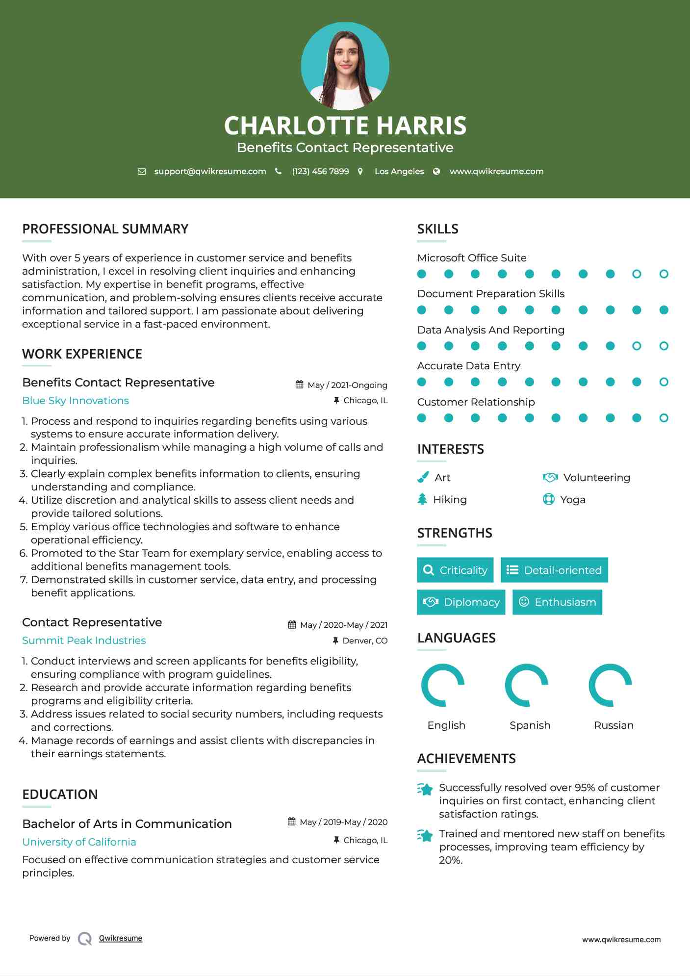 Benefits Contact Representative Resume Template