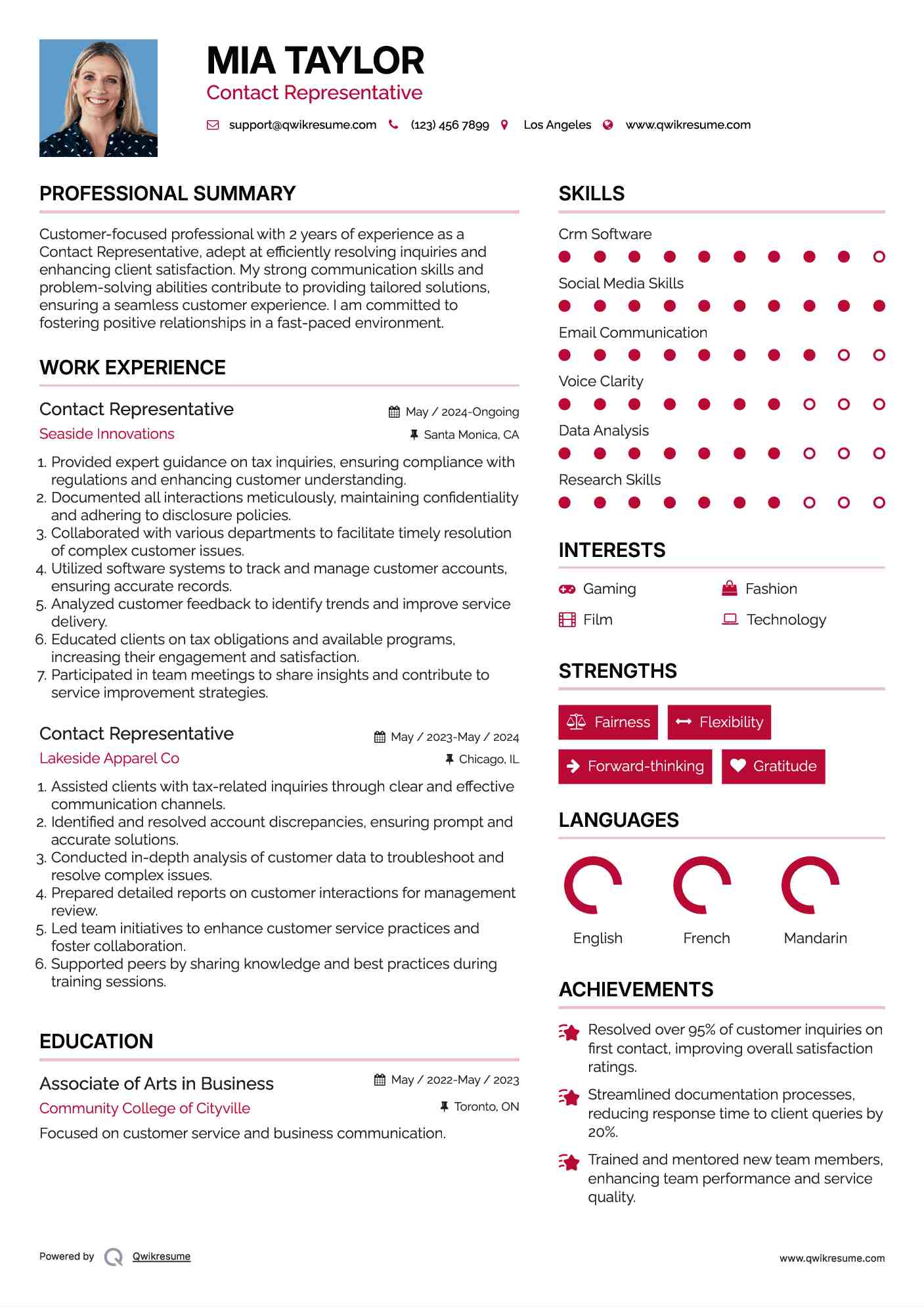 Contact Representative Resume Format
