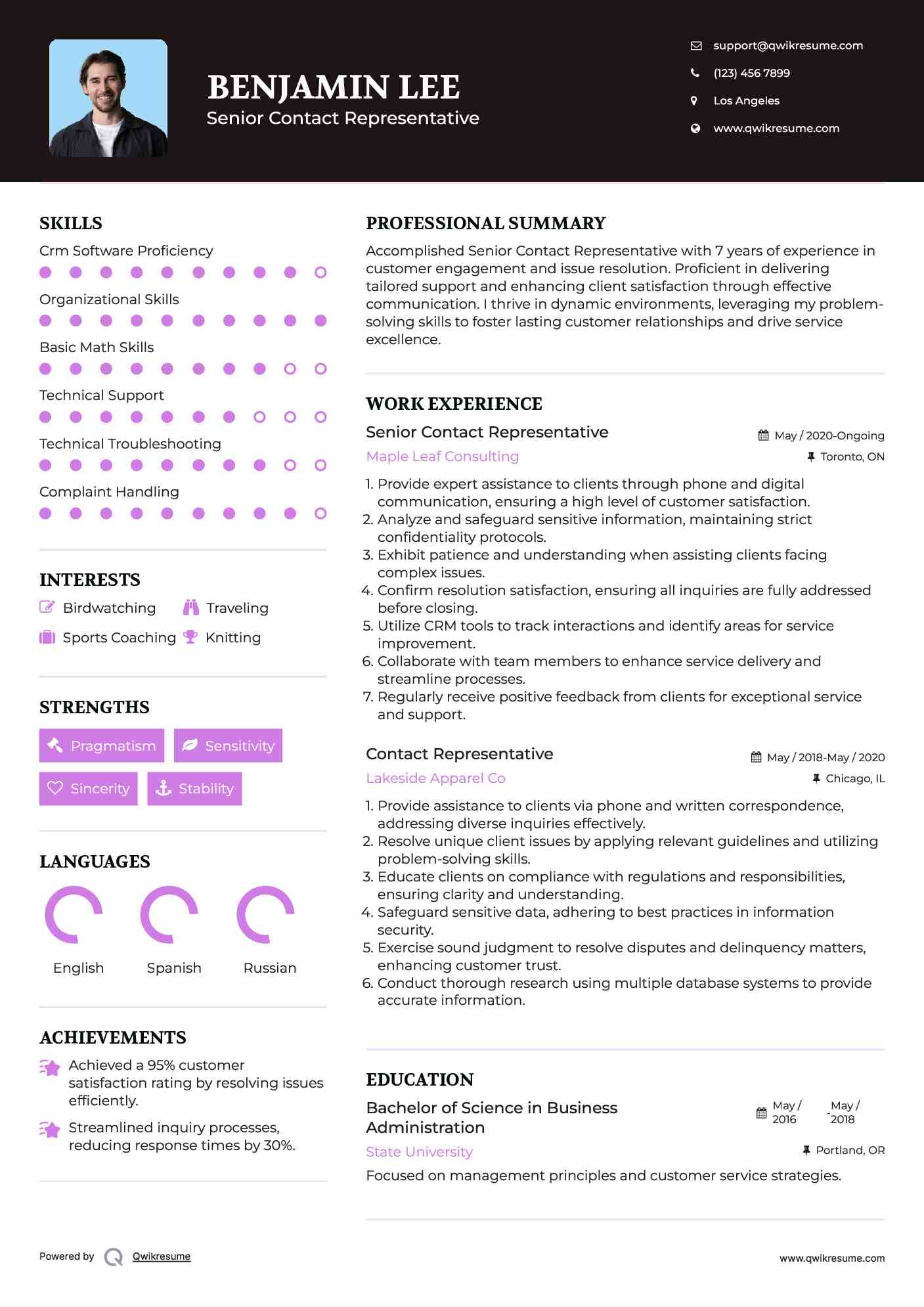 Senior Contact Representative Resume Template