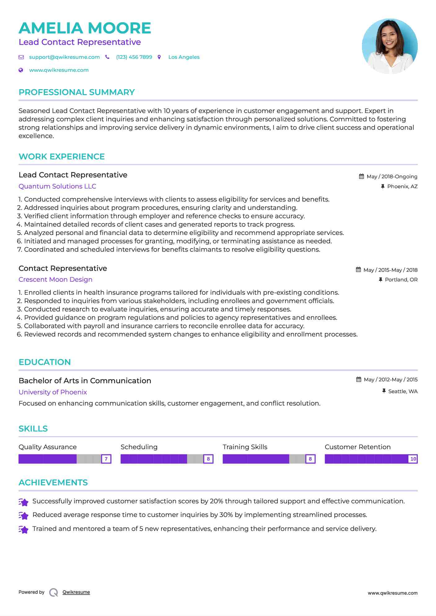 Lead Contact Representative Resume Model