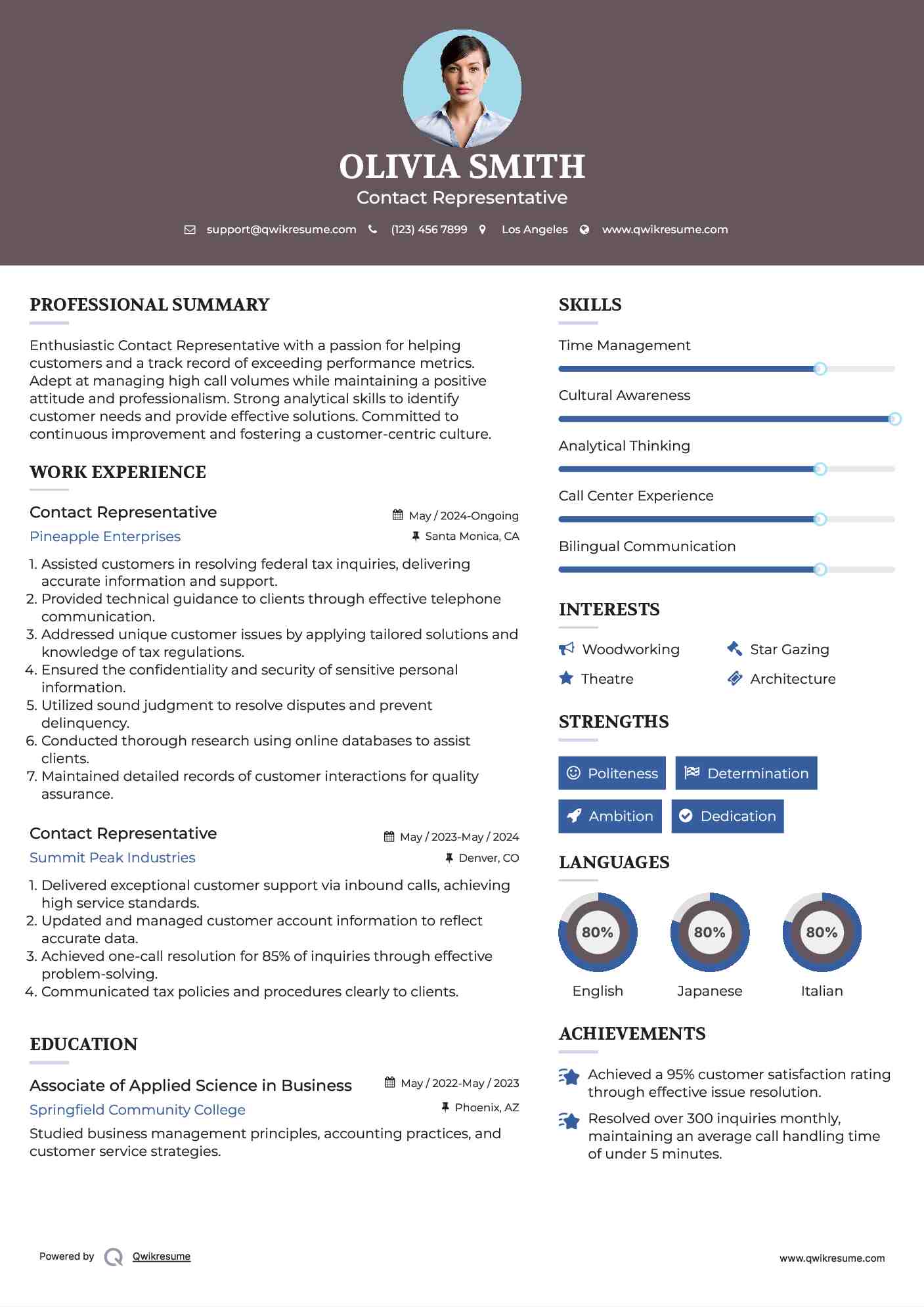 Contact Representative Resume Sample