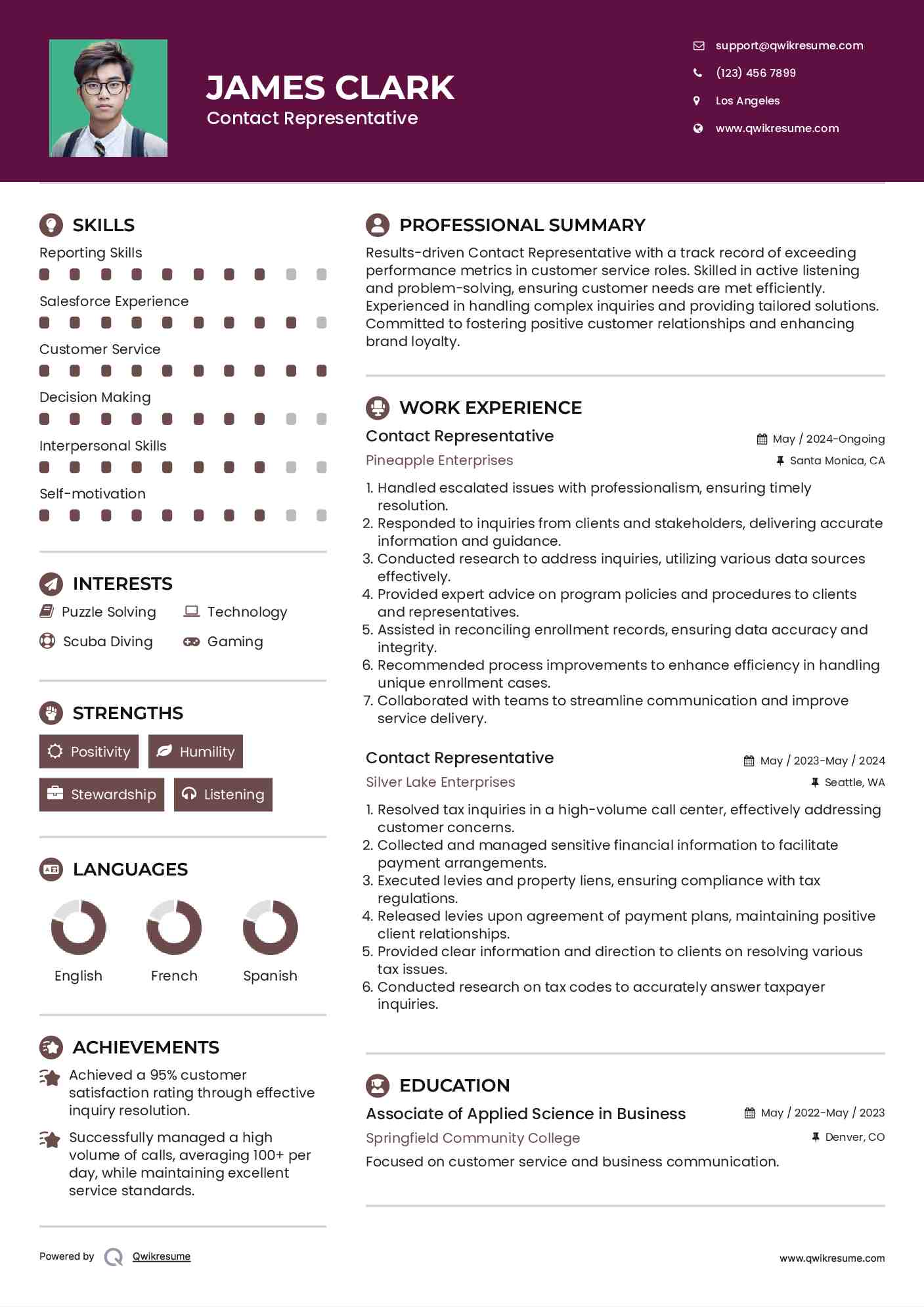 Contact Representative Resume Template