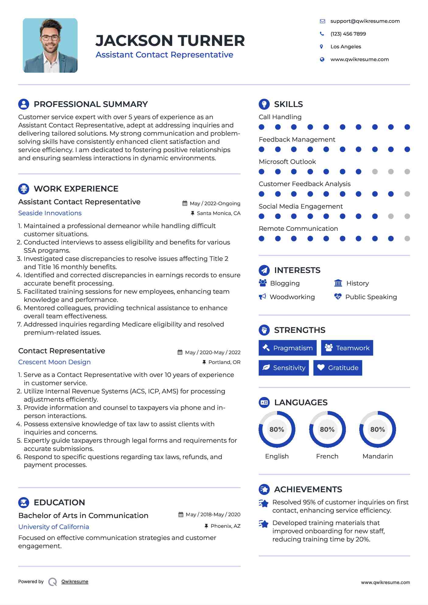 Assistant Contact Representative Resume Sample