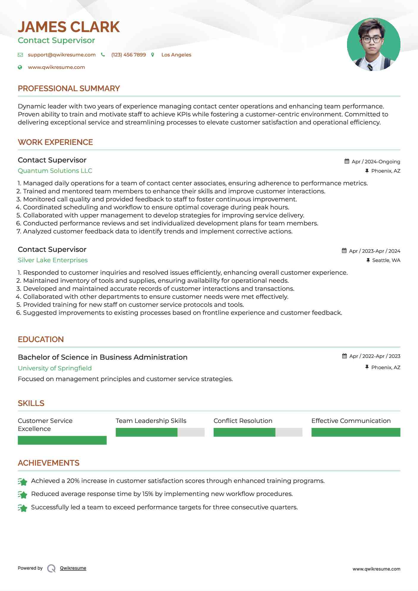 Contact Supervisor Resume Template