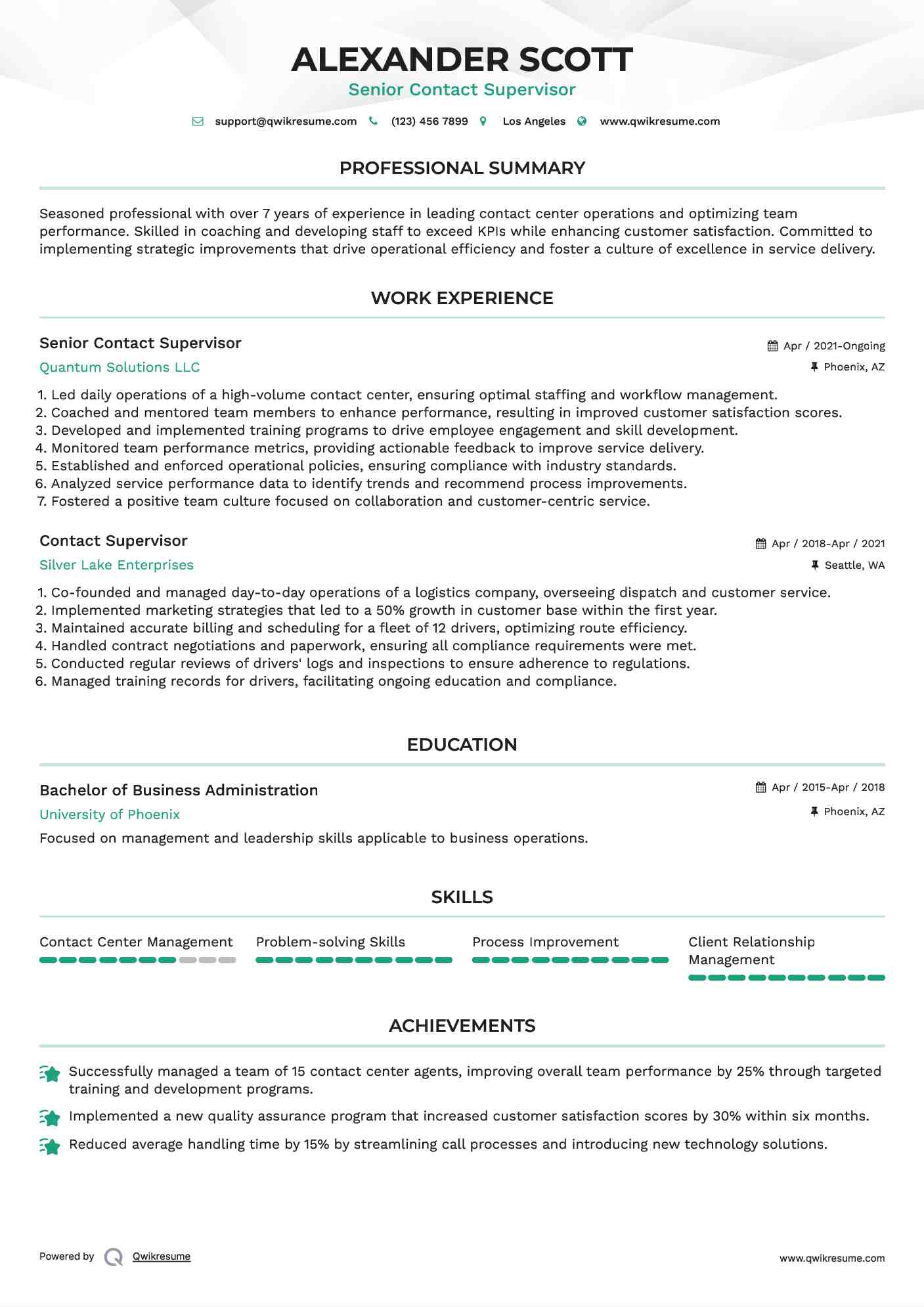 Senior Contact Supervisor Resume Format
