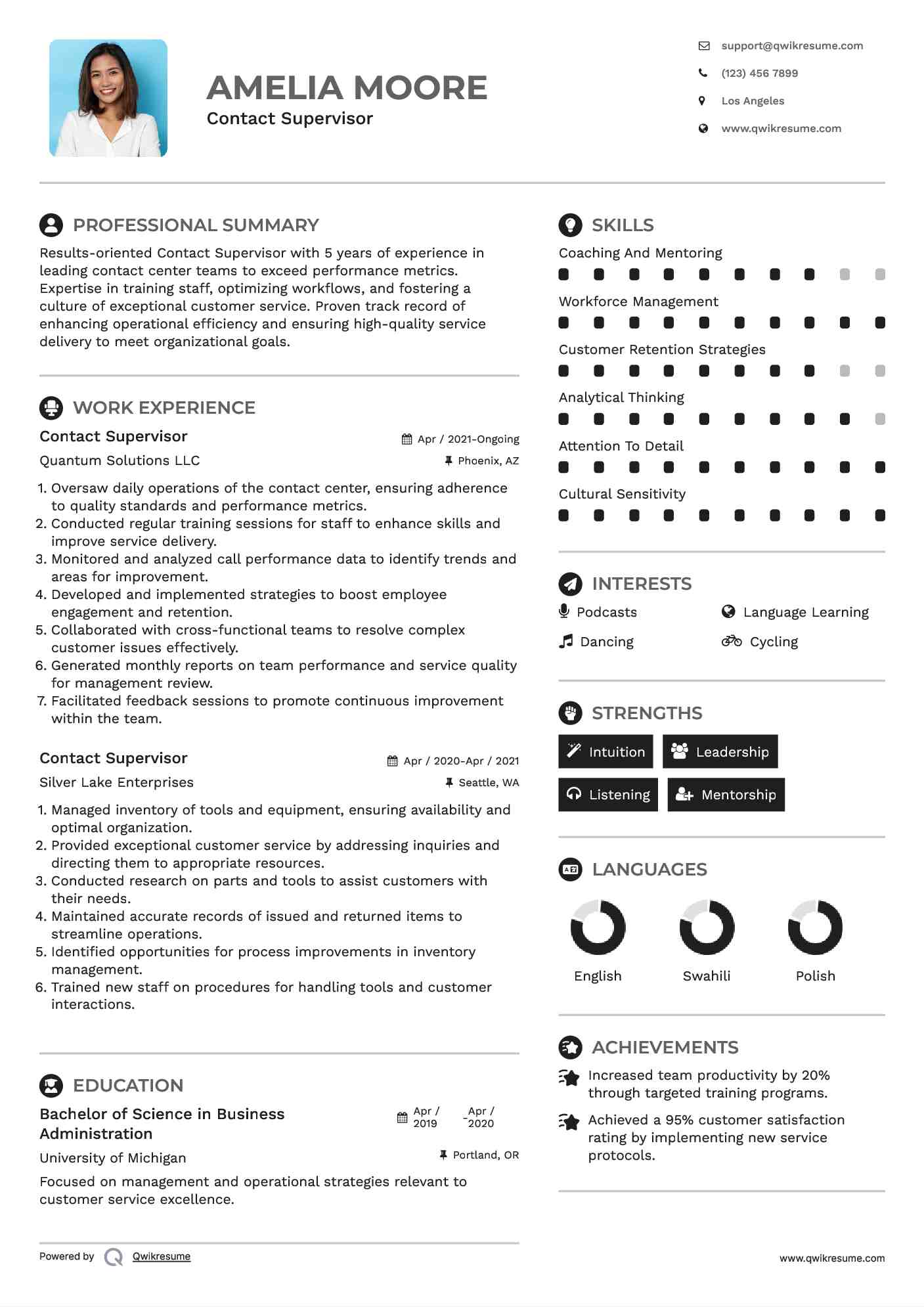 Contact Supervisor Resume Format