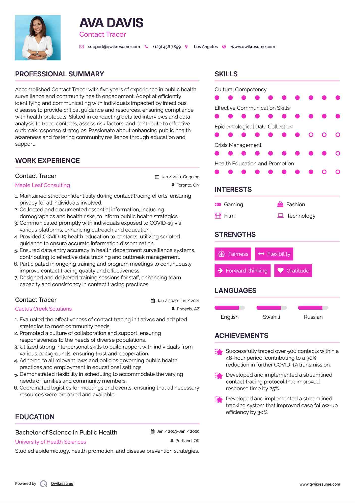 Contact Tracer Resume Sample