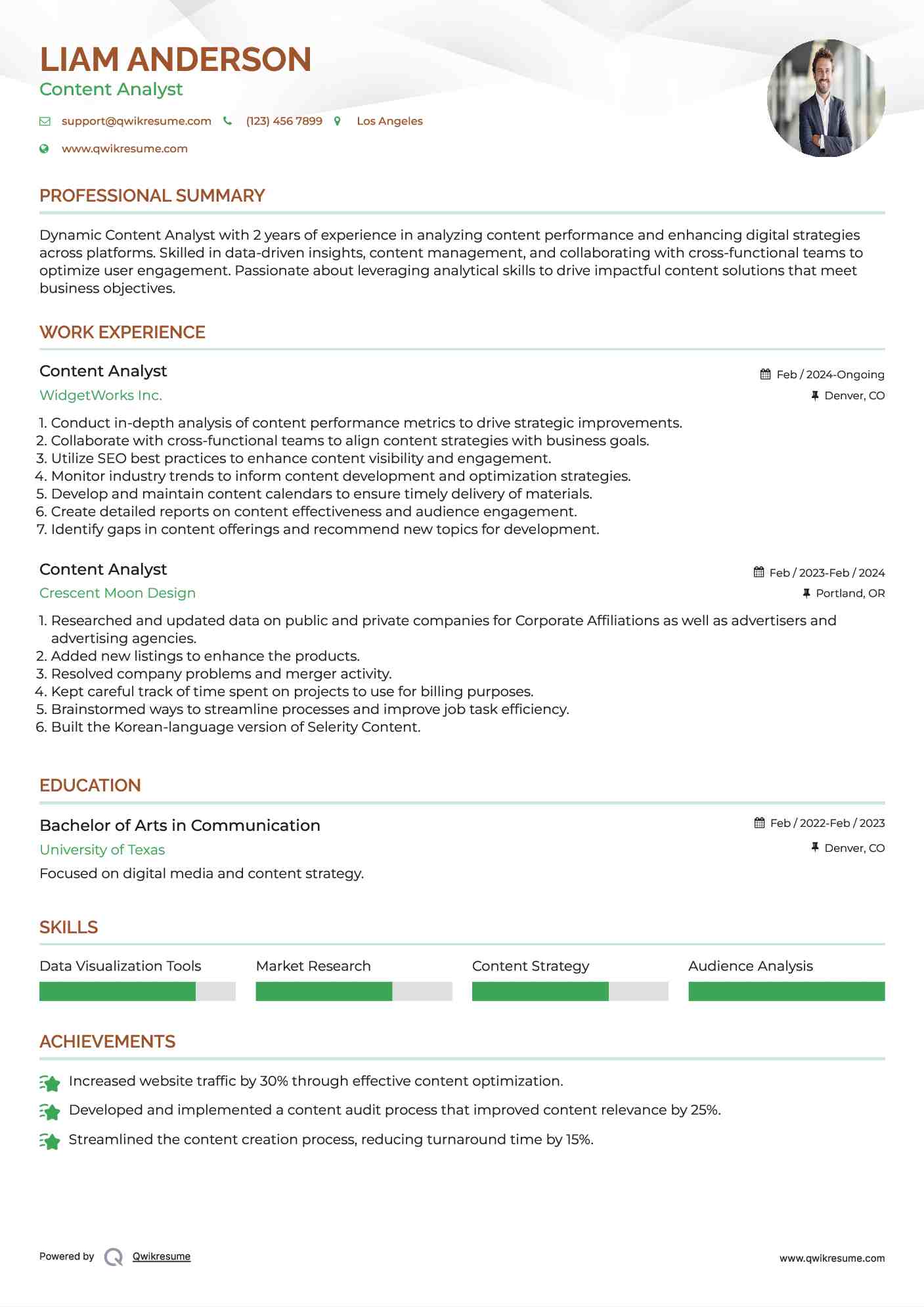 Content Analyst Resume Sample