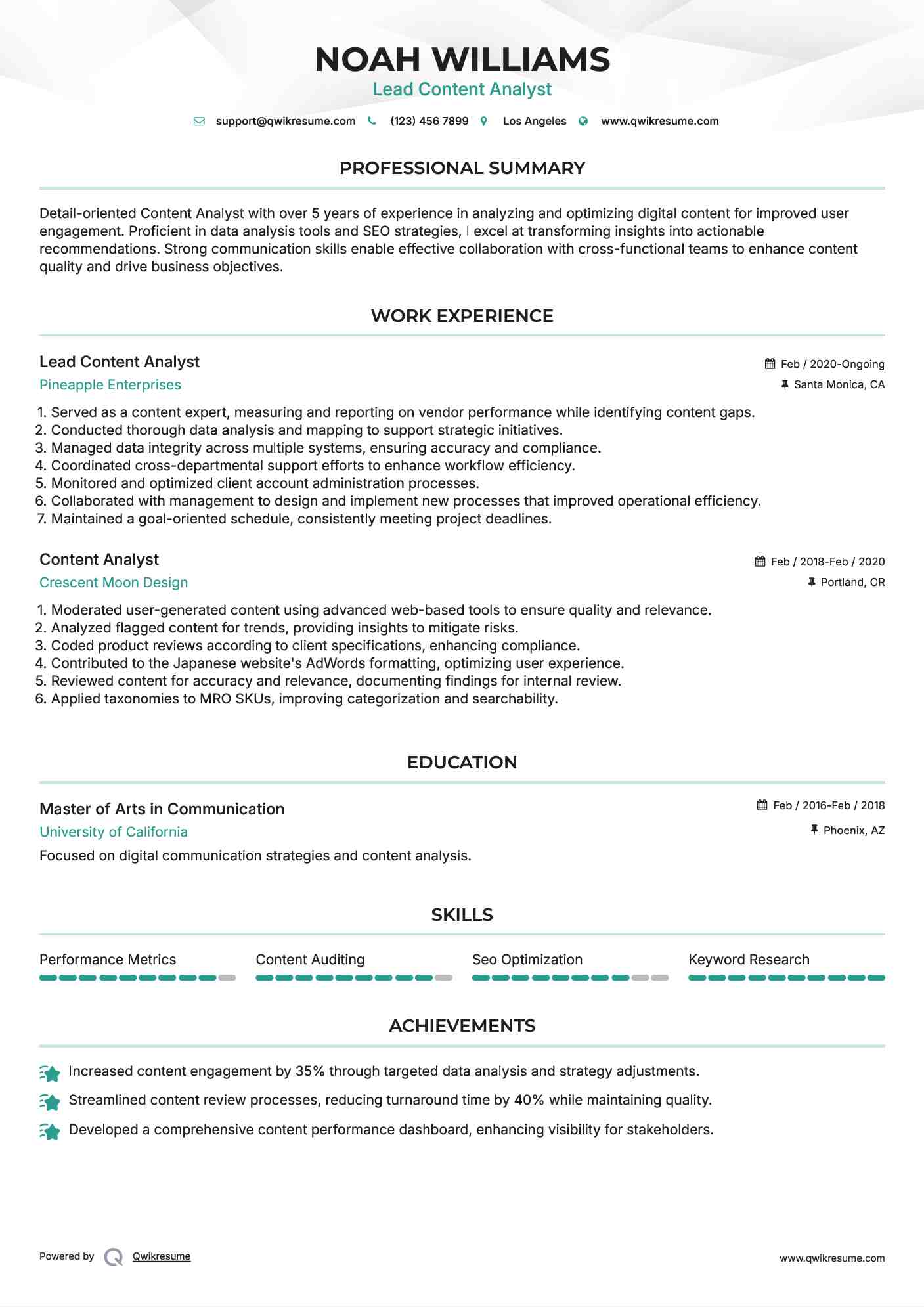 Lead Content Analyst Resume Model