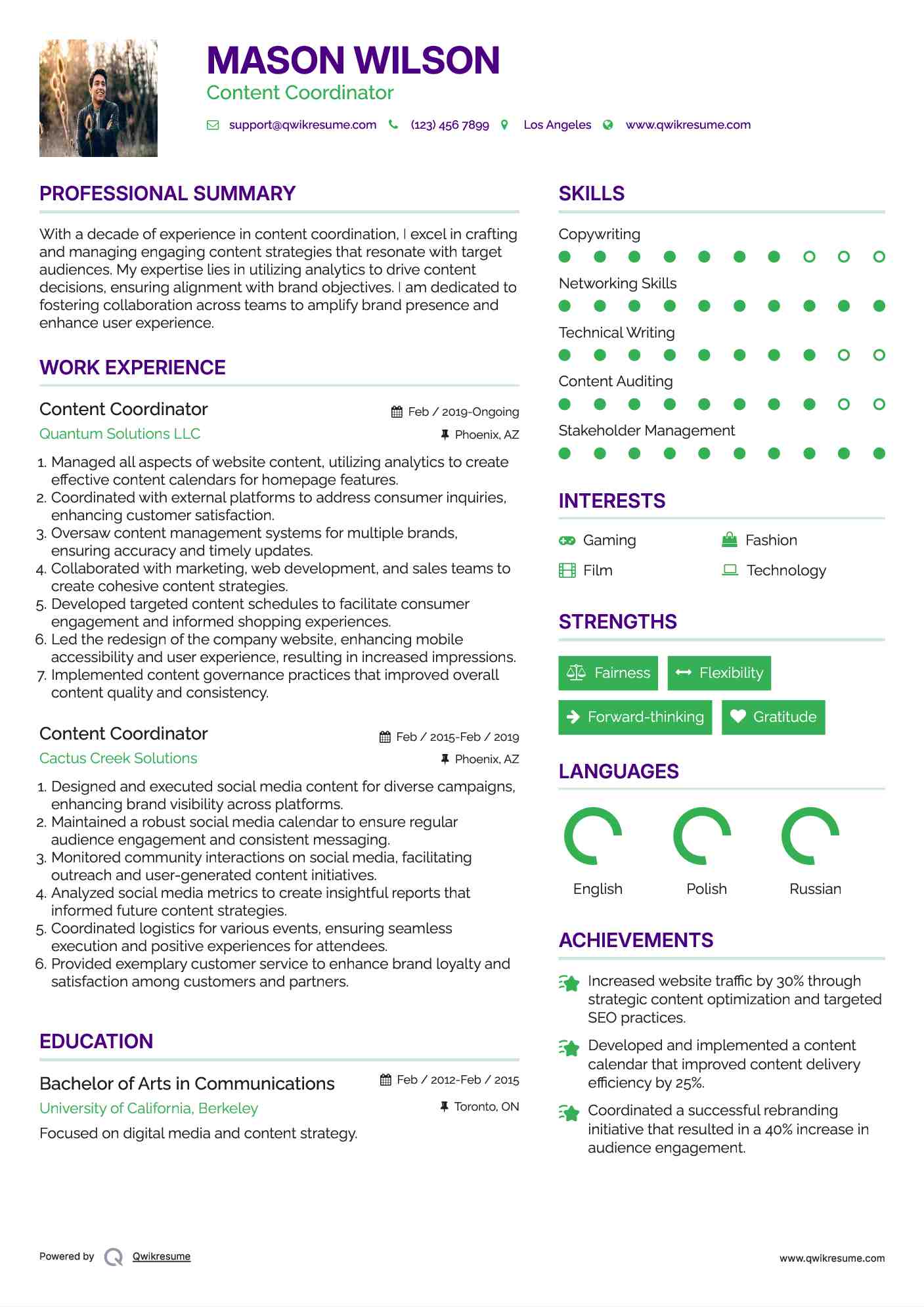Content Coordinator Resume Model