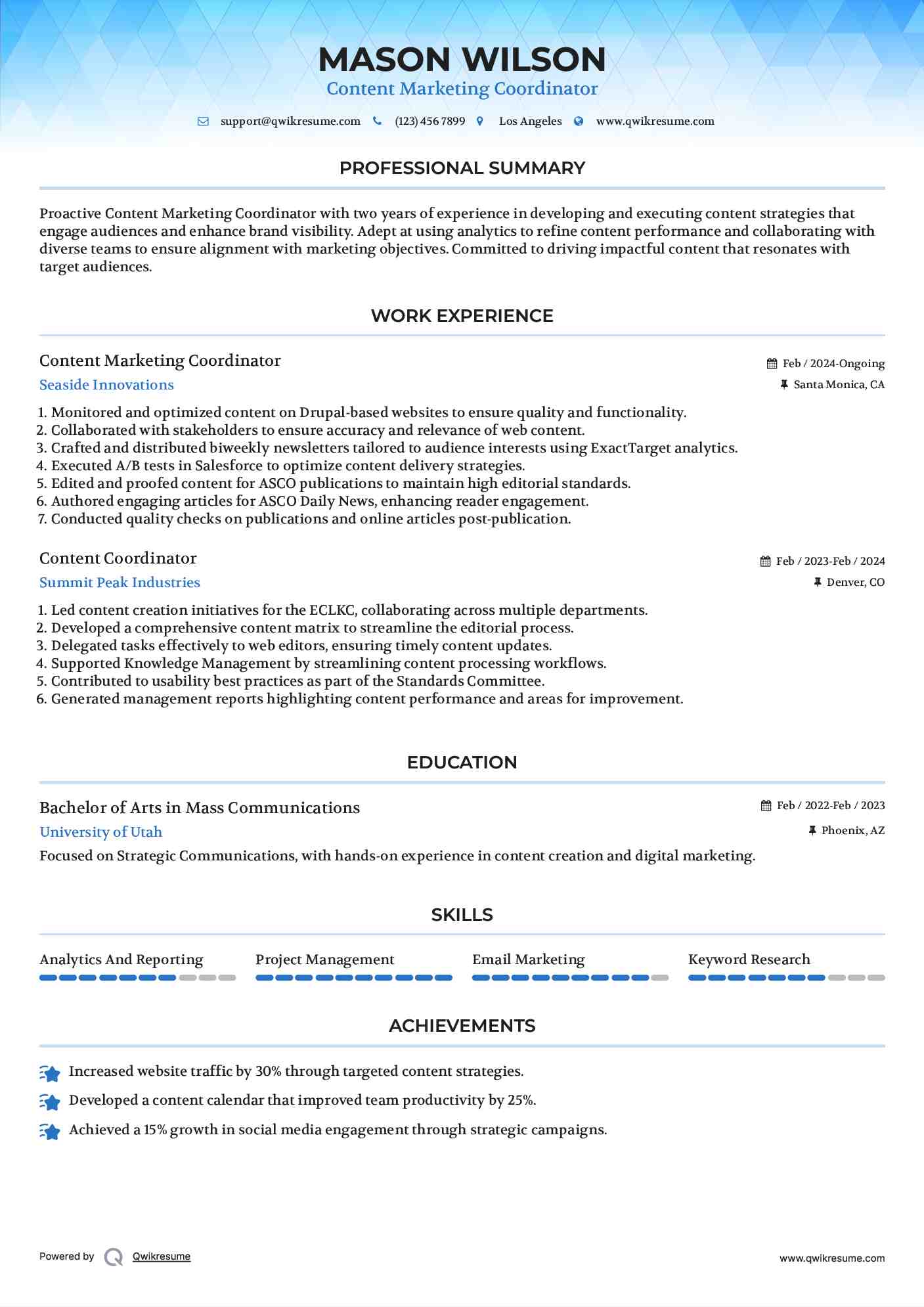 Content Marketing Coordinator
 Resume Example