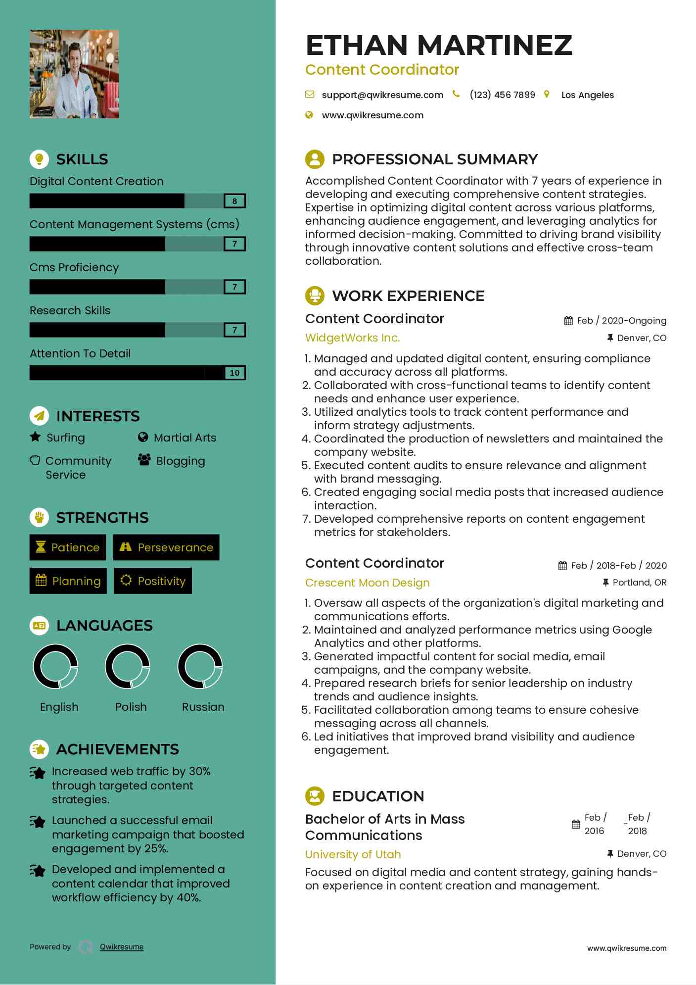 Content Coordinator Resume Example