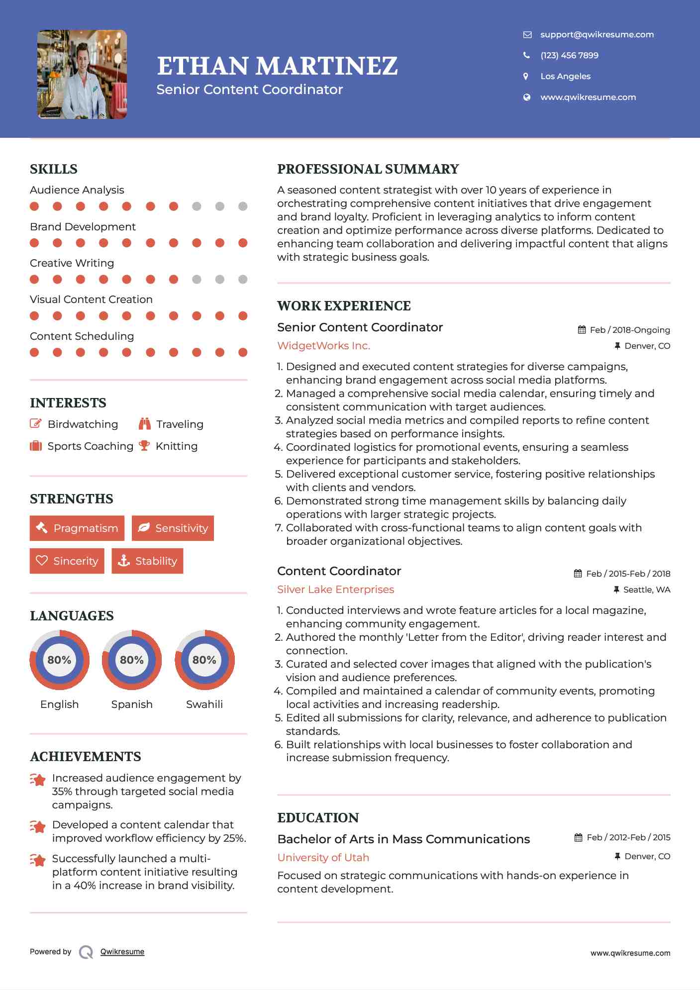 Senior Content Coordinator Resume Format