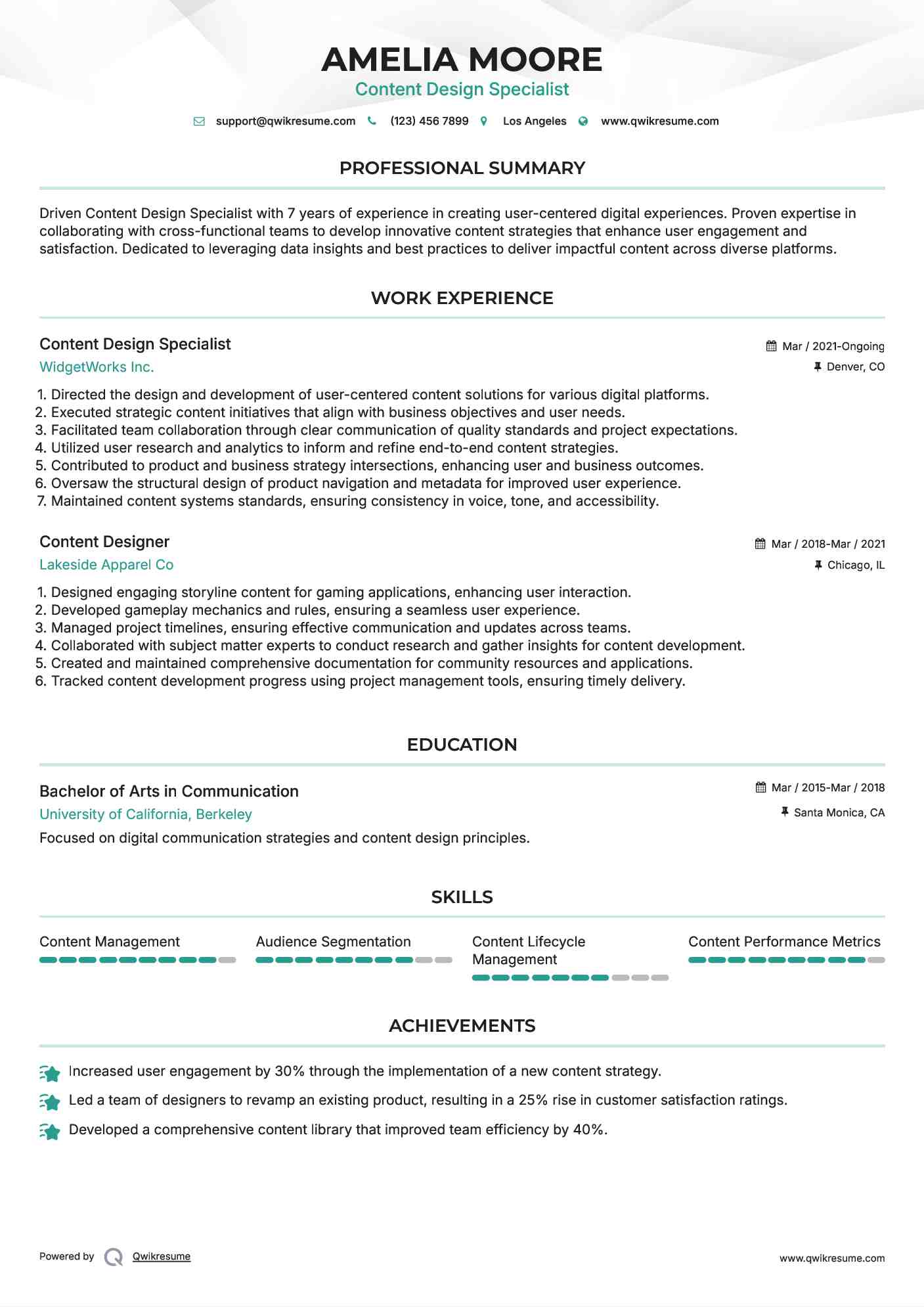 Content Design Specialist Resume Model