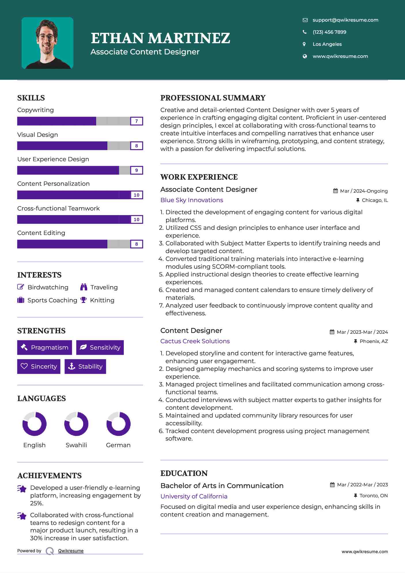 Associate Content Designer  Resume Example