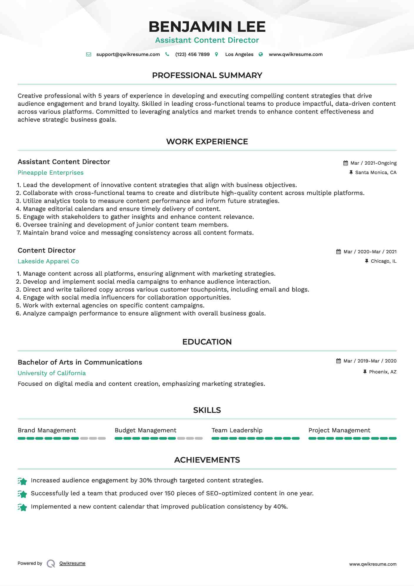 Assistant Content Director Resume Example