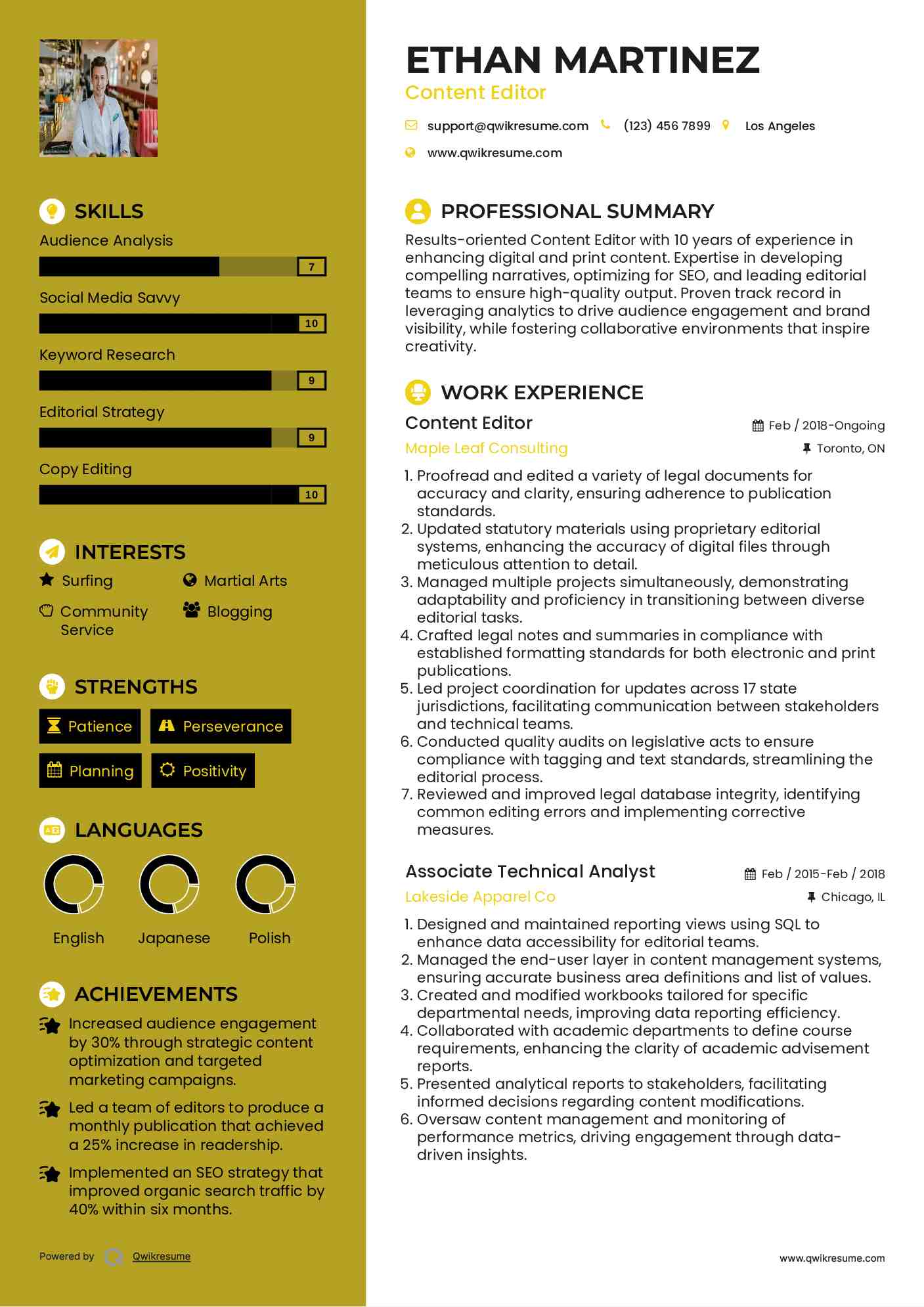 Content Editor Resume Format