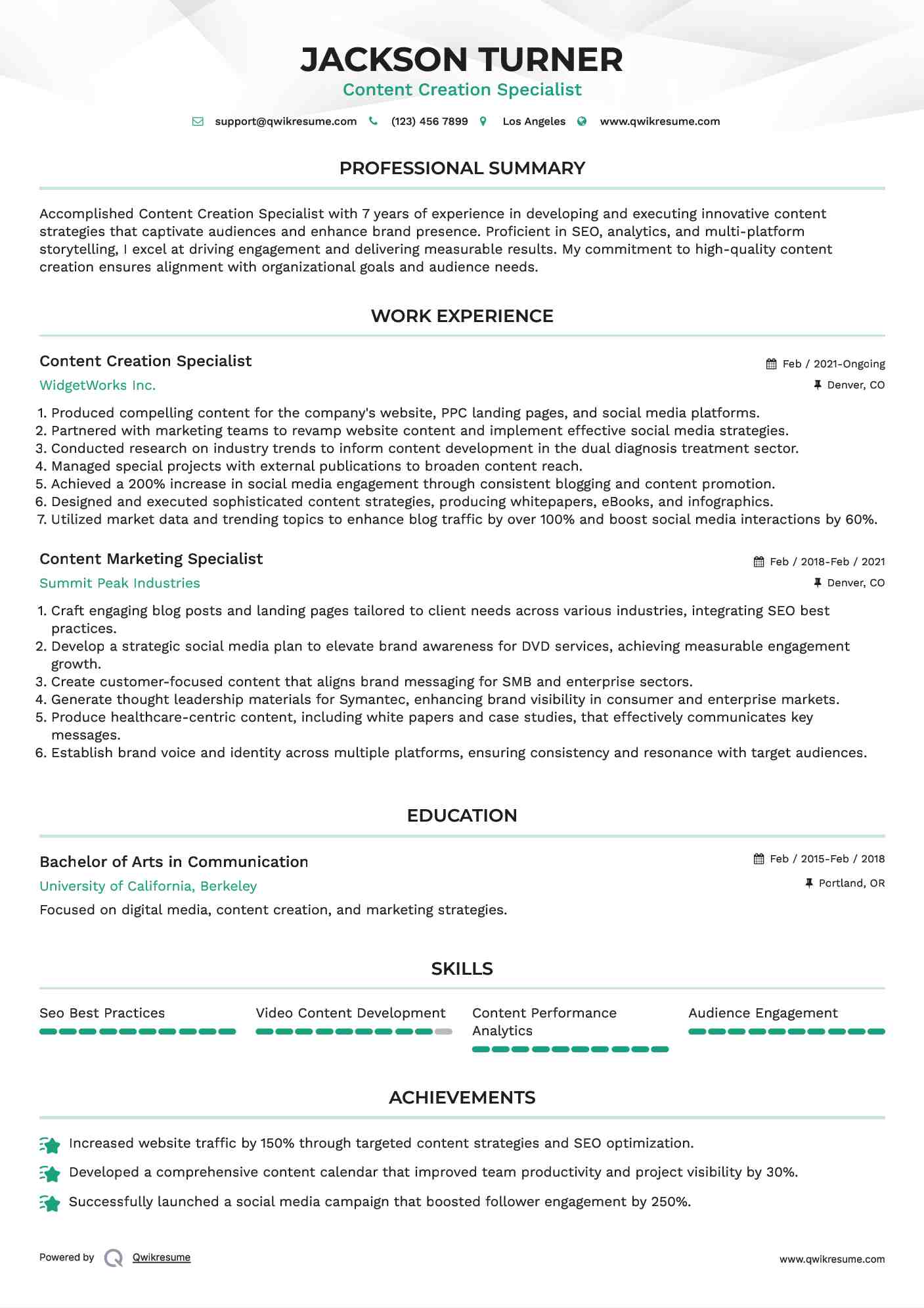 Content Creation Specialist Resume Format