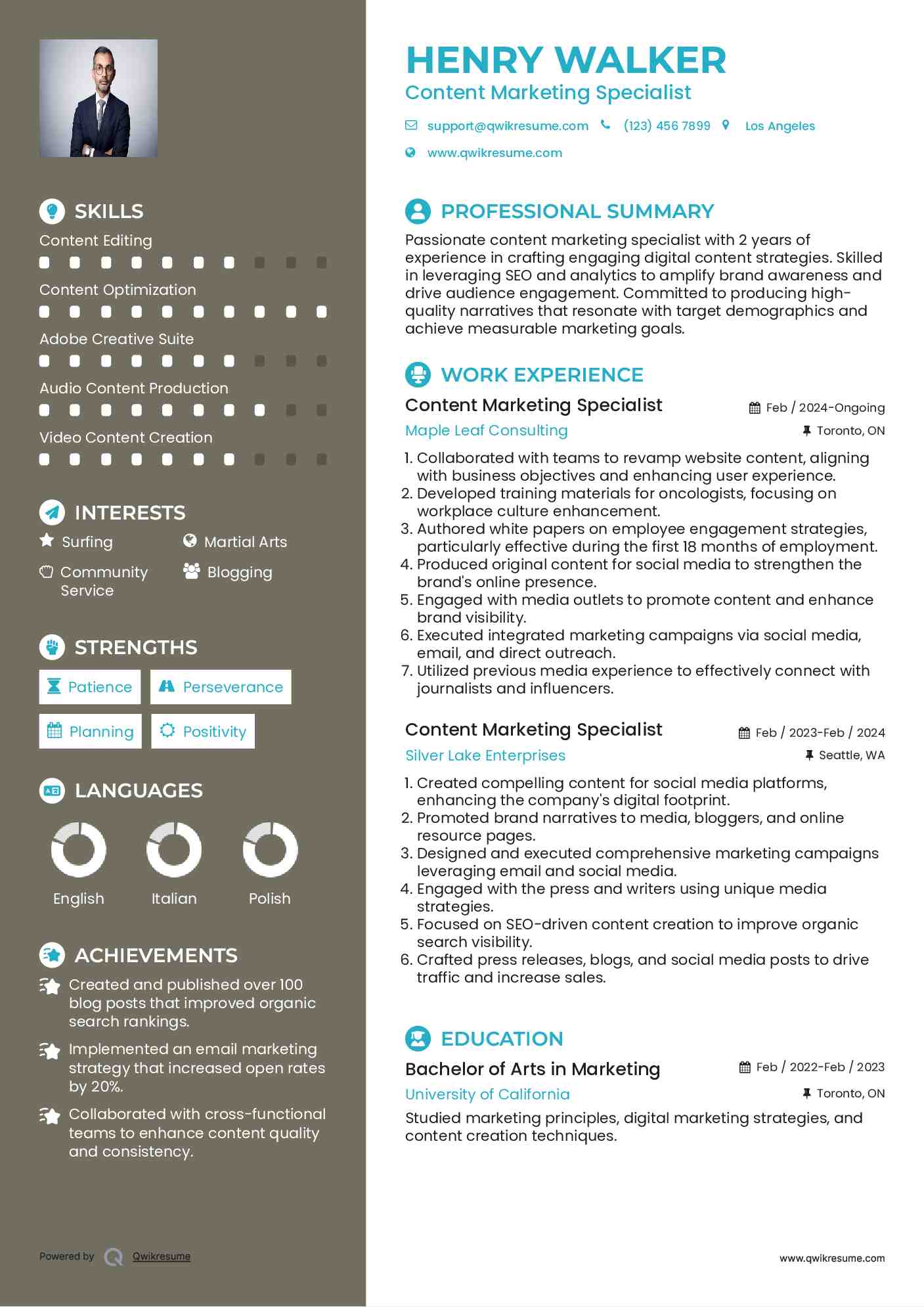 Content Marketing Specialist Resume Sample