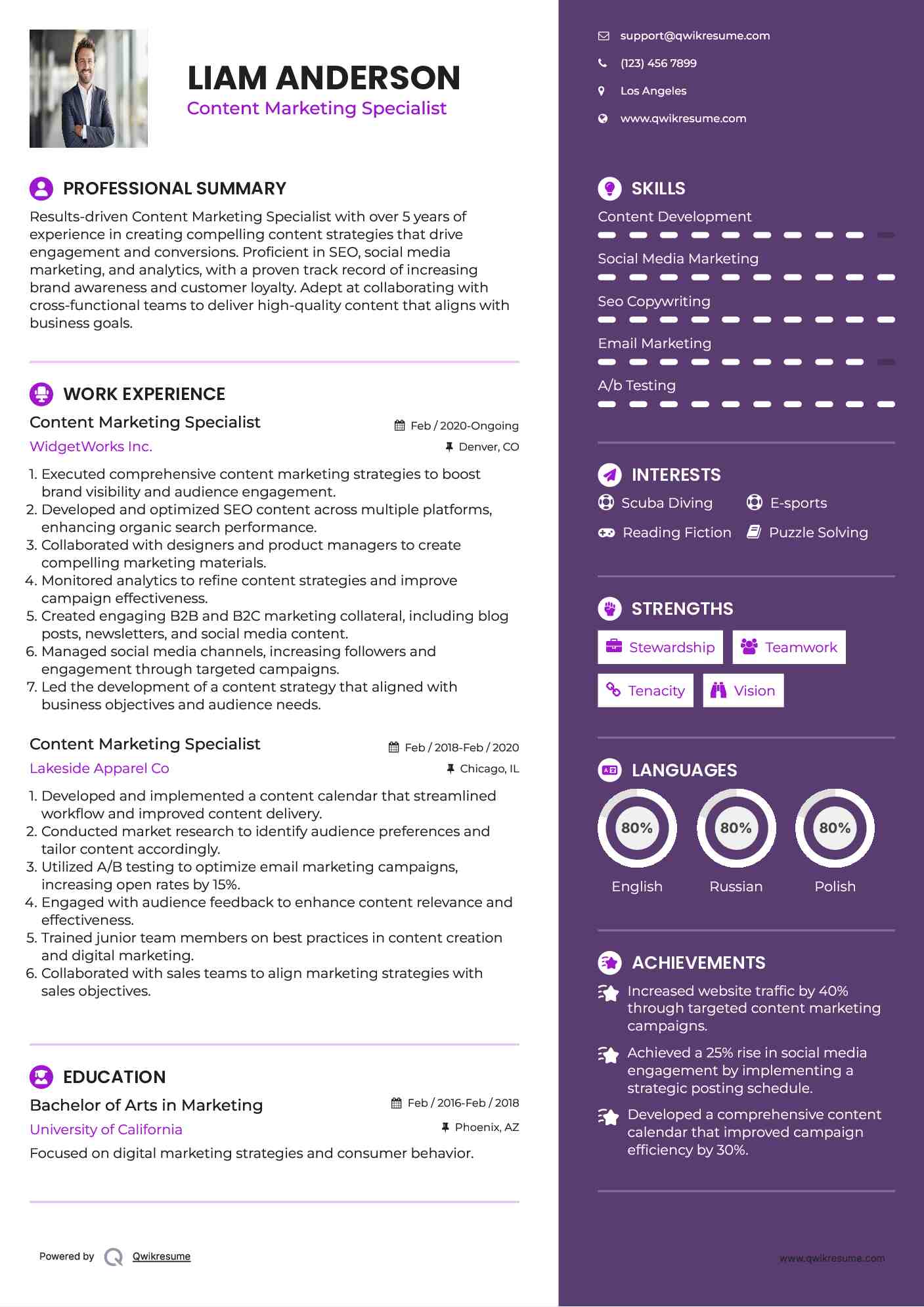 Content Marketing Specialist Resume Format