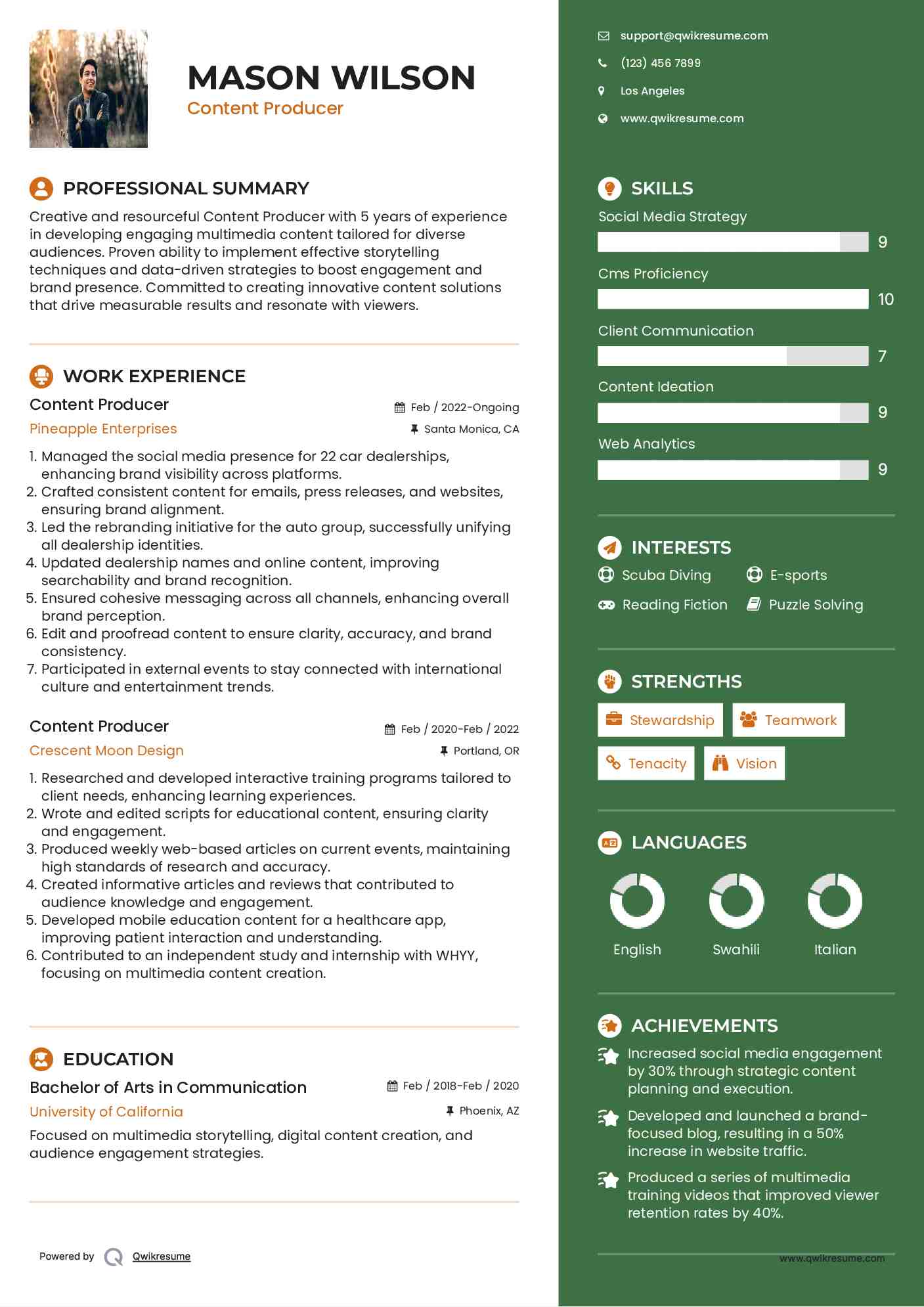 Content Producer Resume Example