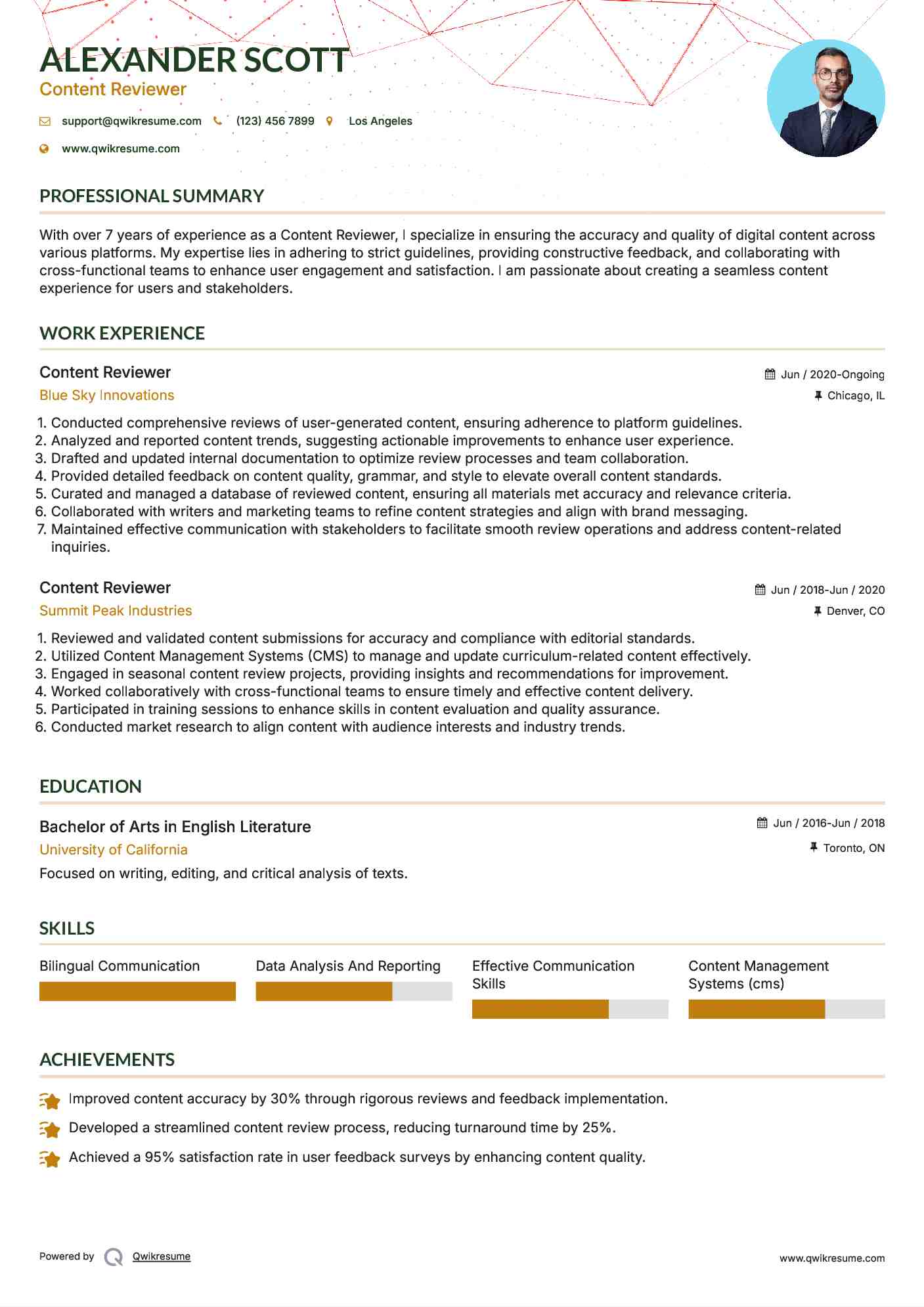 Content Reviewer Resume Example