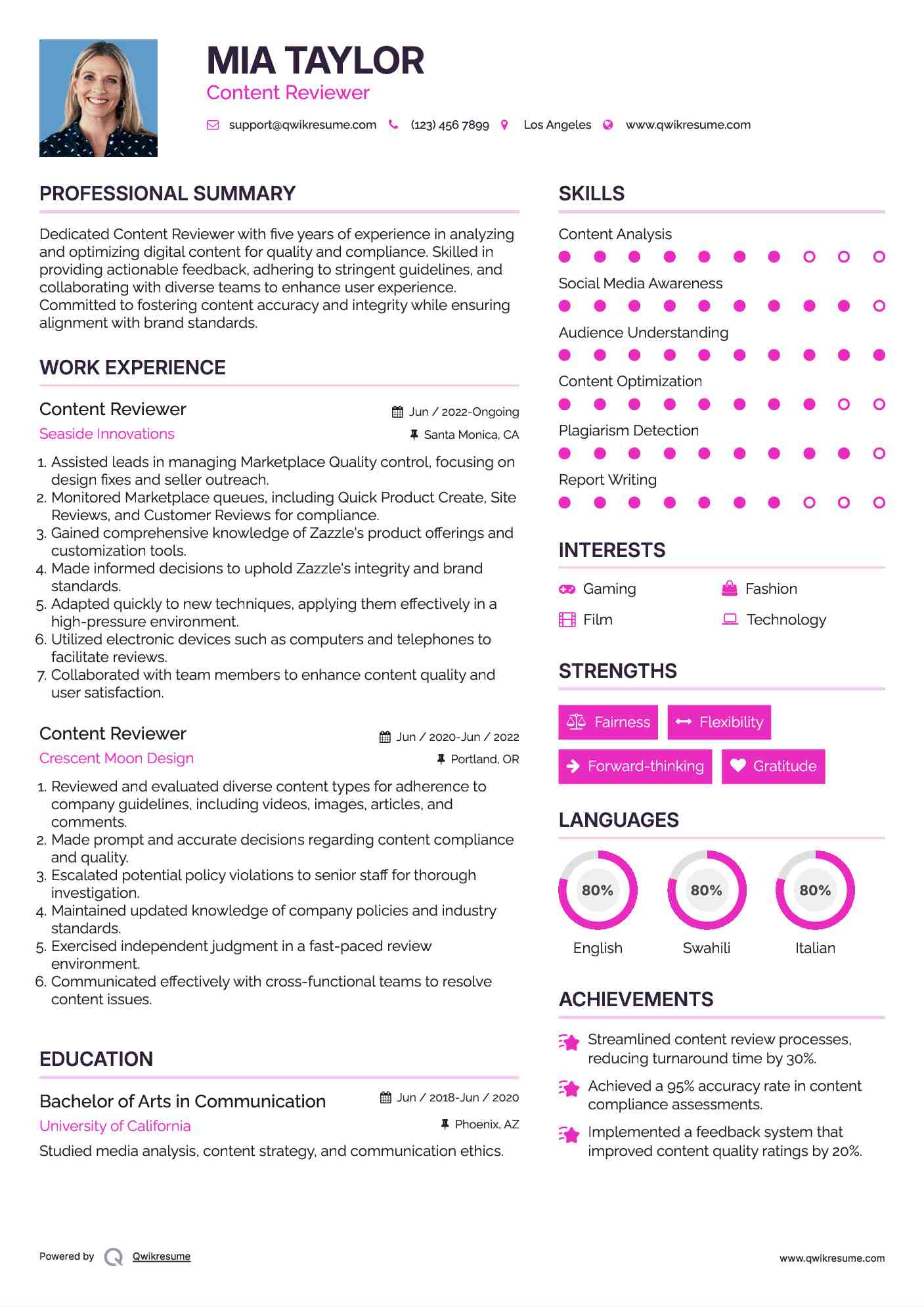 Content Reviewer Resume Format