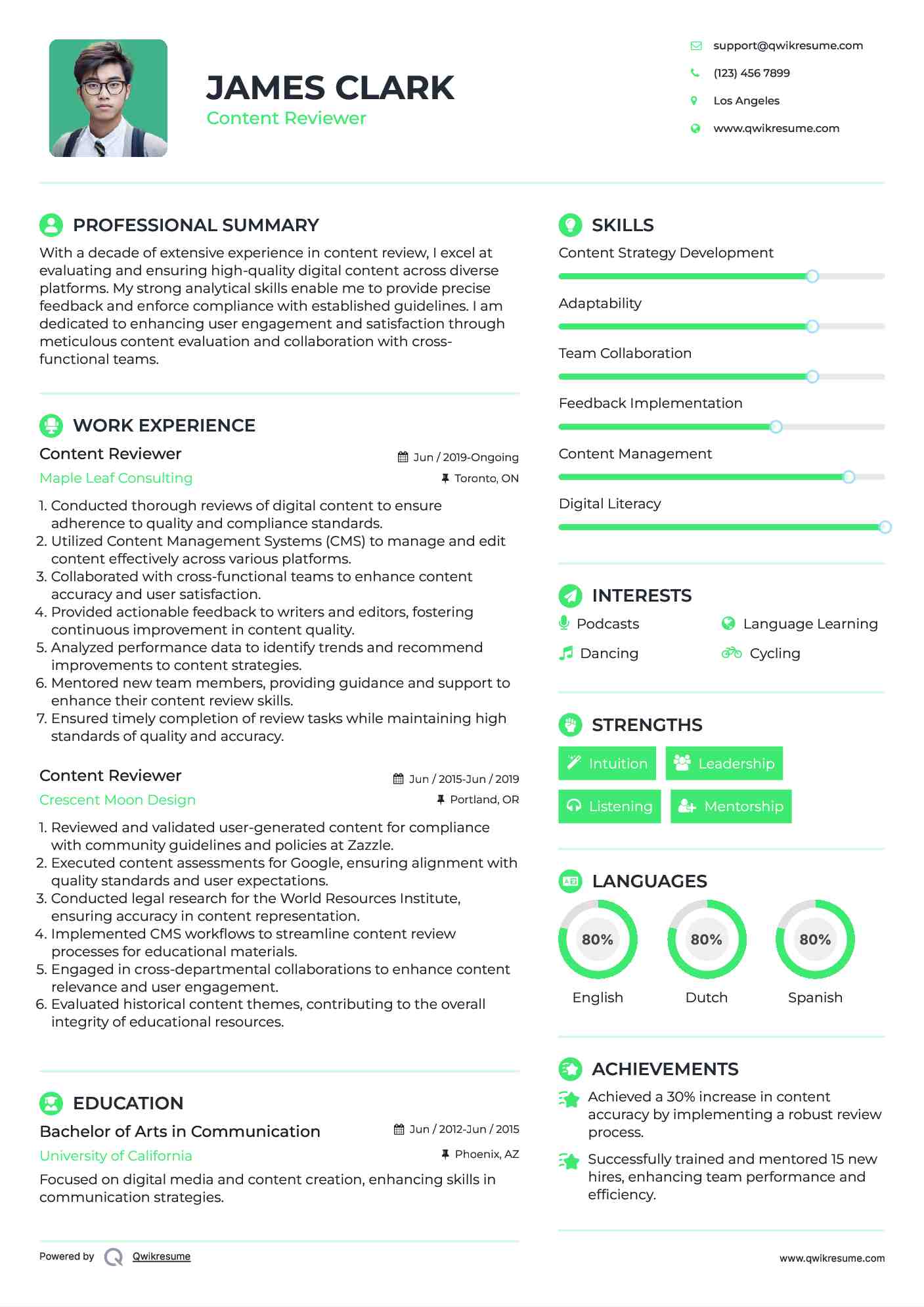 Content Reviewer Resume Model