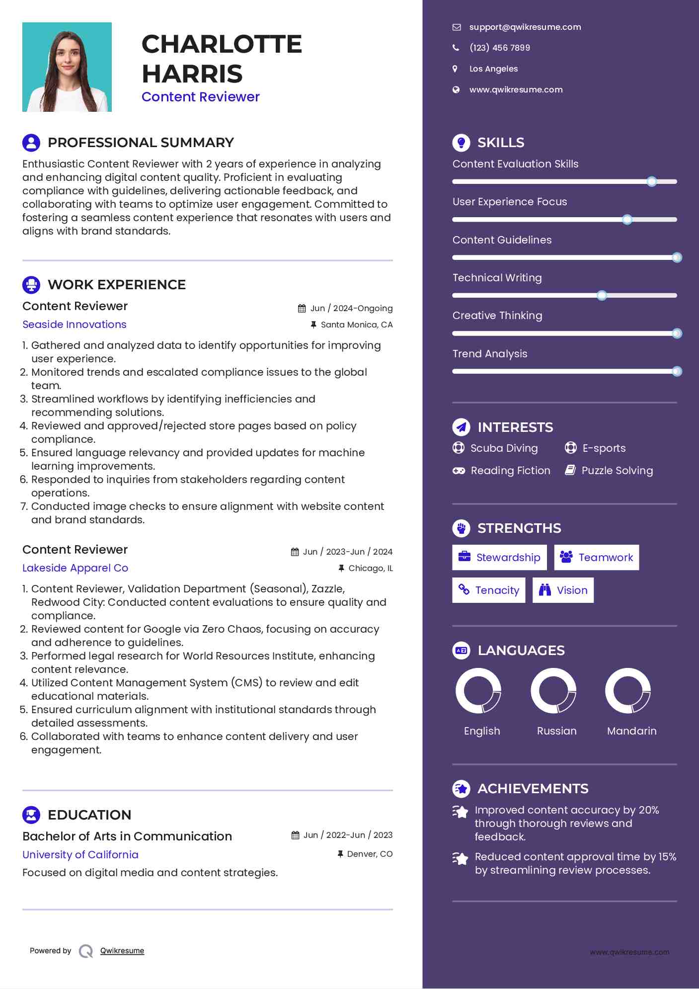 Content Reviewer Resume Sample