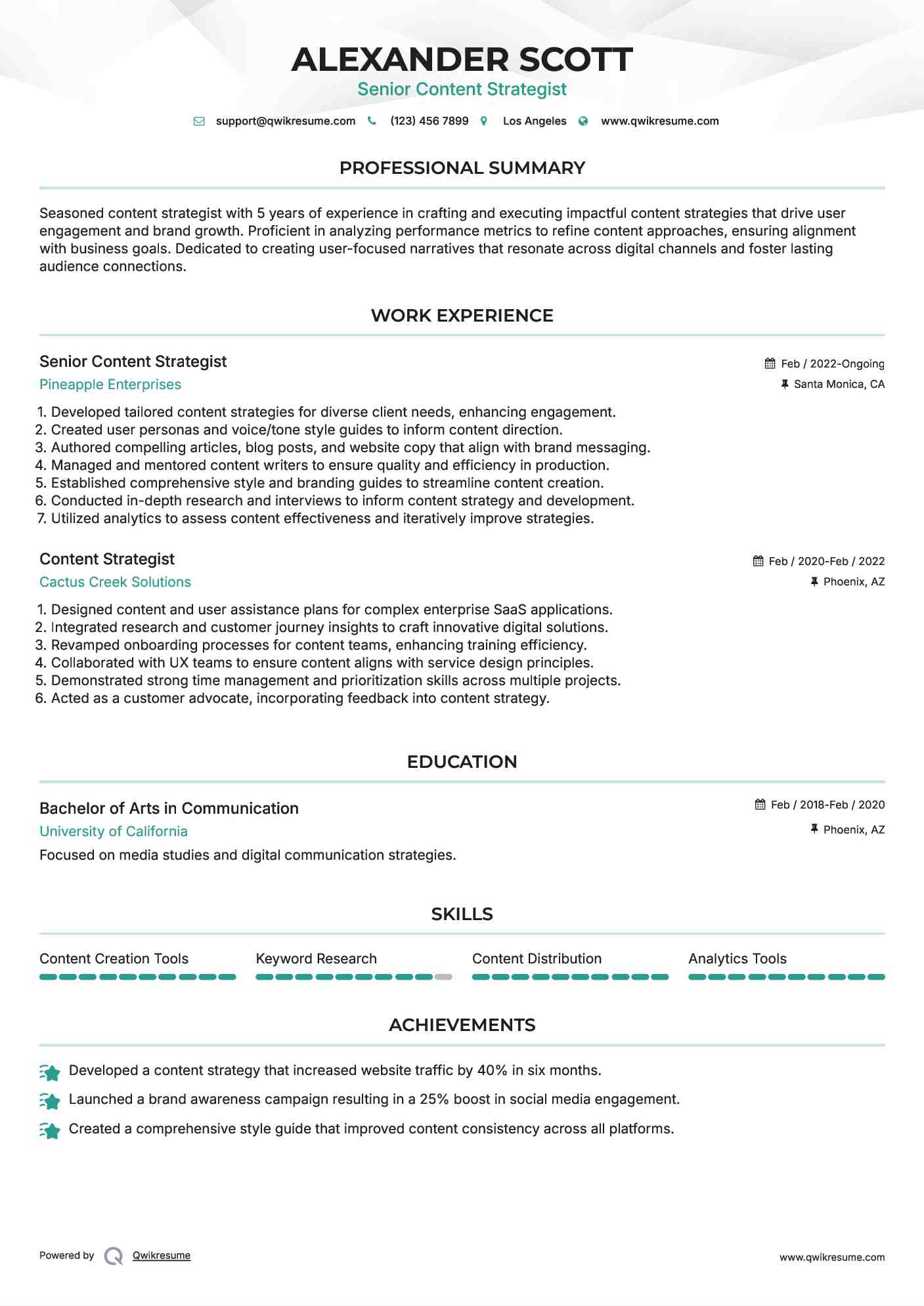Senior Content Strategist Resume Model