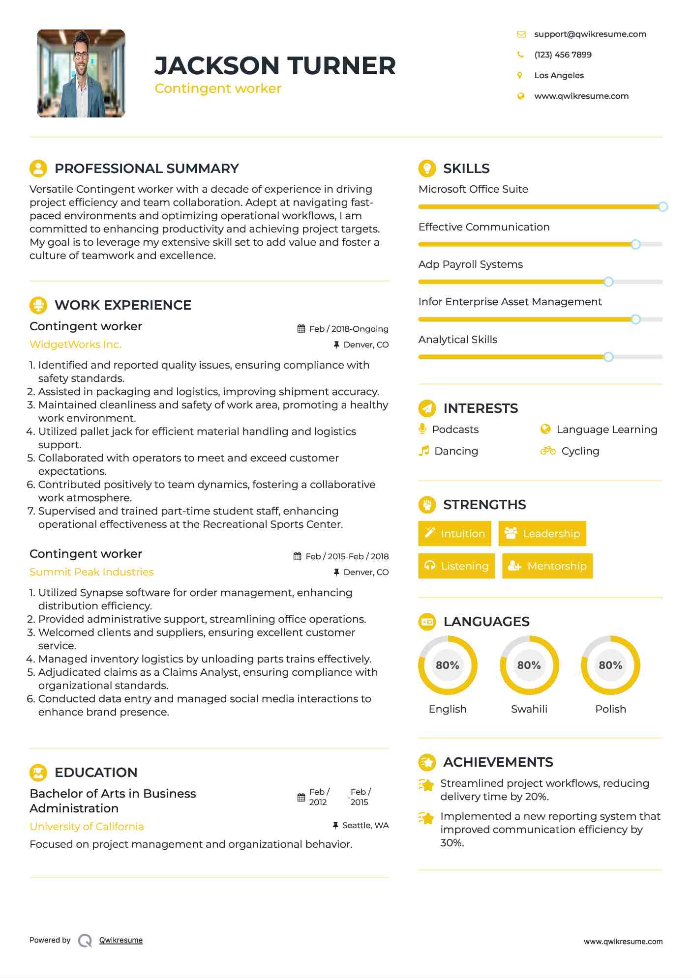 Contingent worker Resume Sample