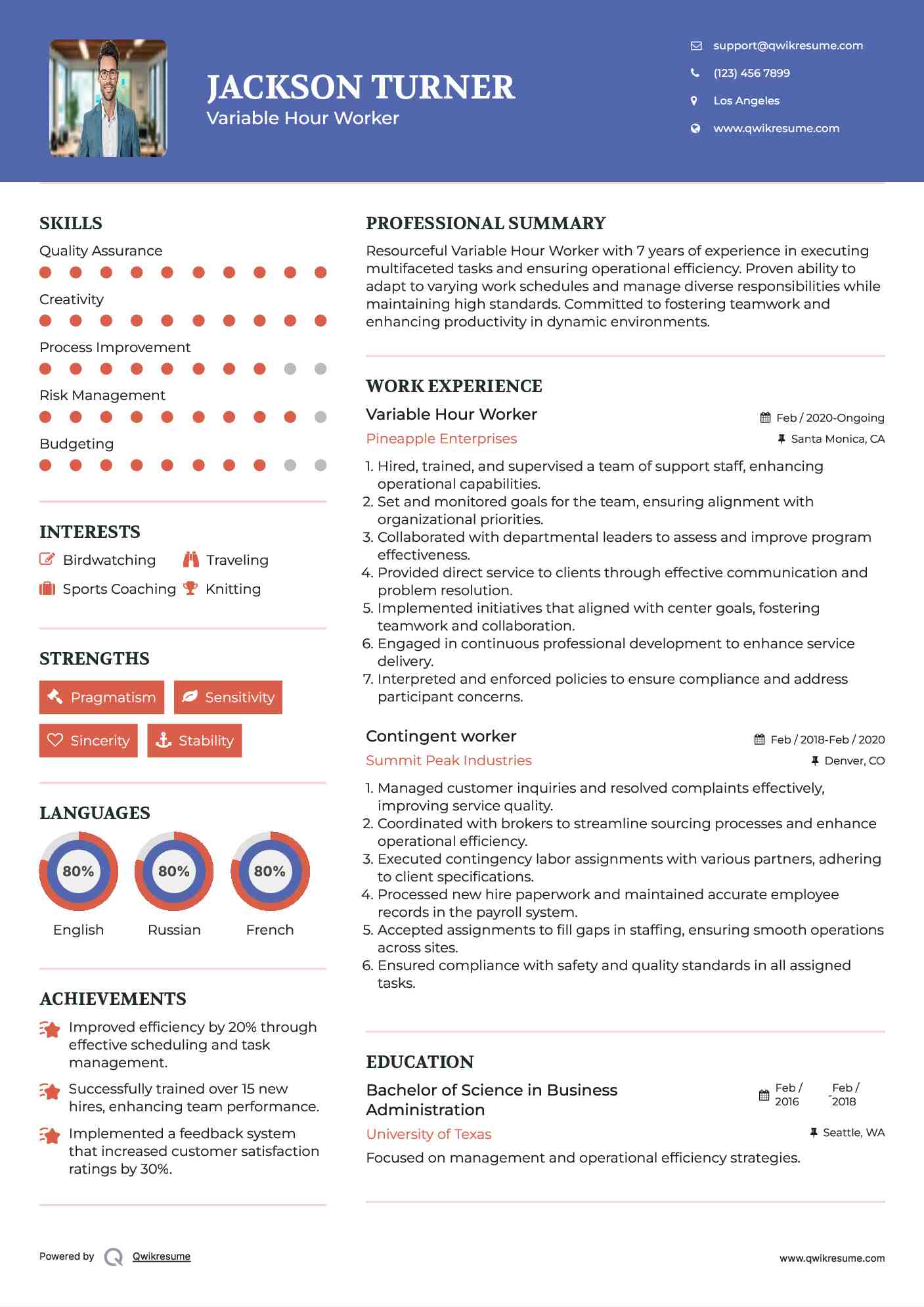 Variable Hour Worker Resume Template