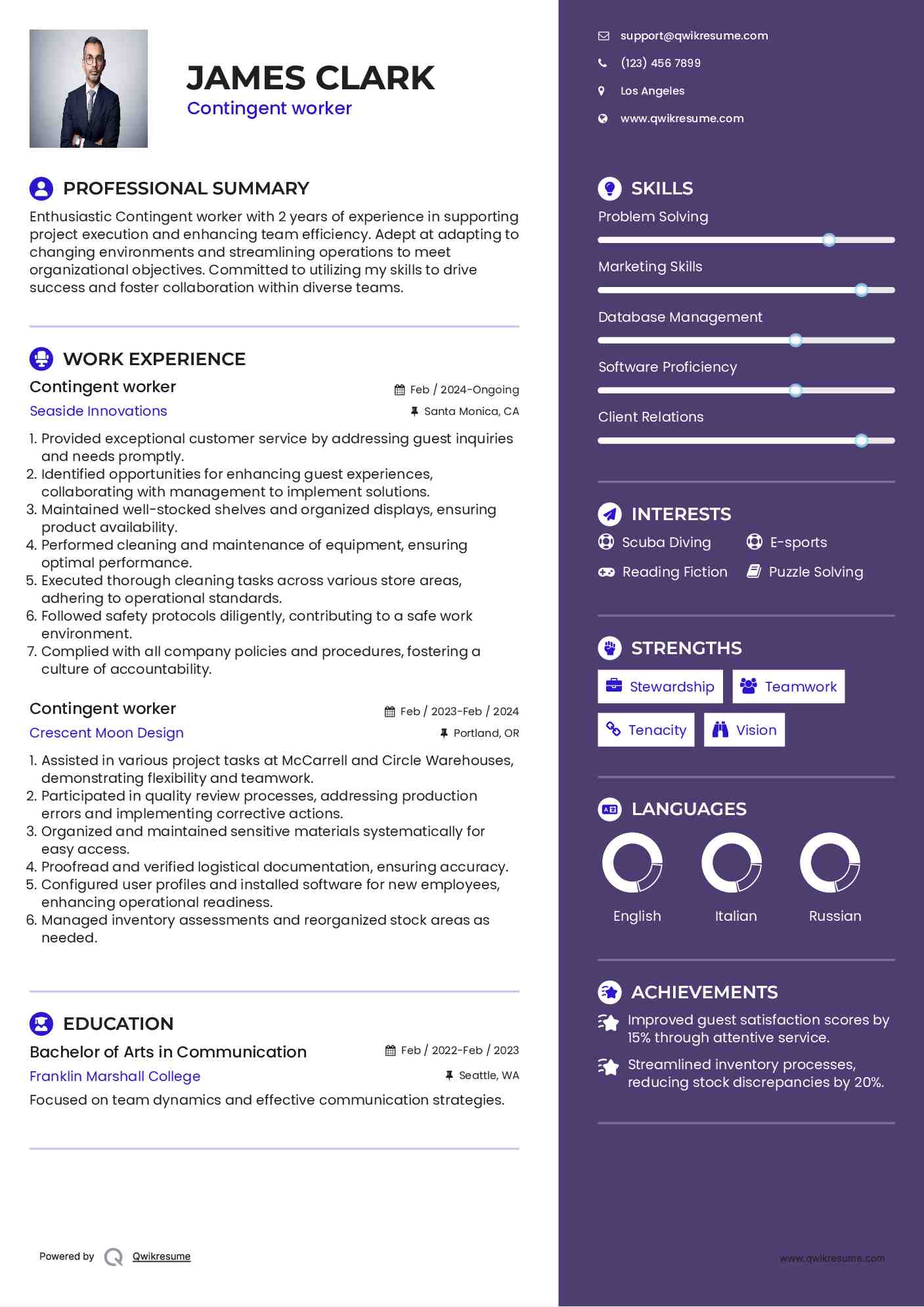 Contingent worker Resume Sample