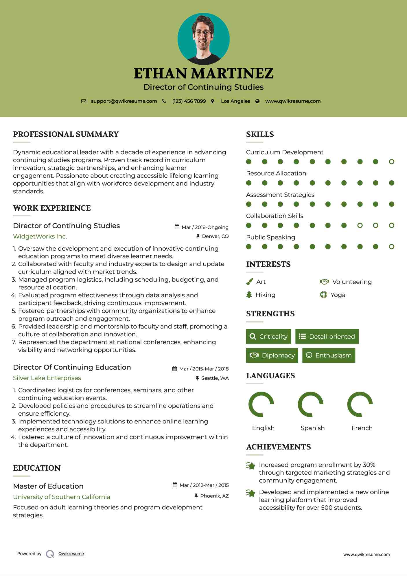 Director of Continuing Studies Resume Sample