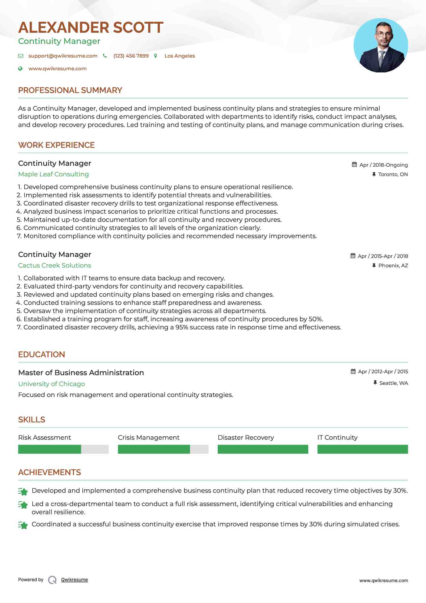 Continuity Manager Resume Sample